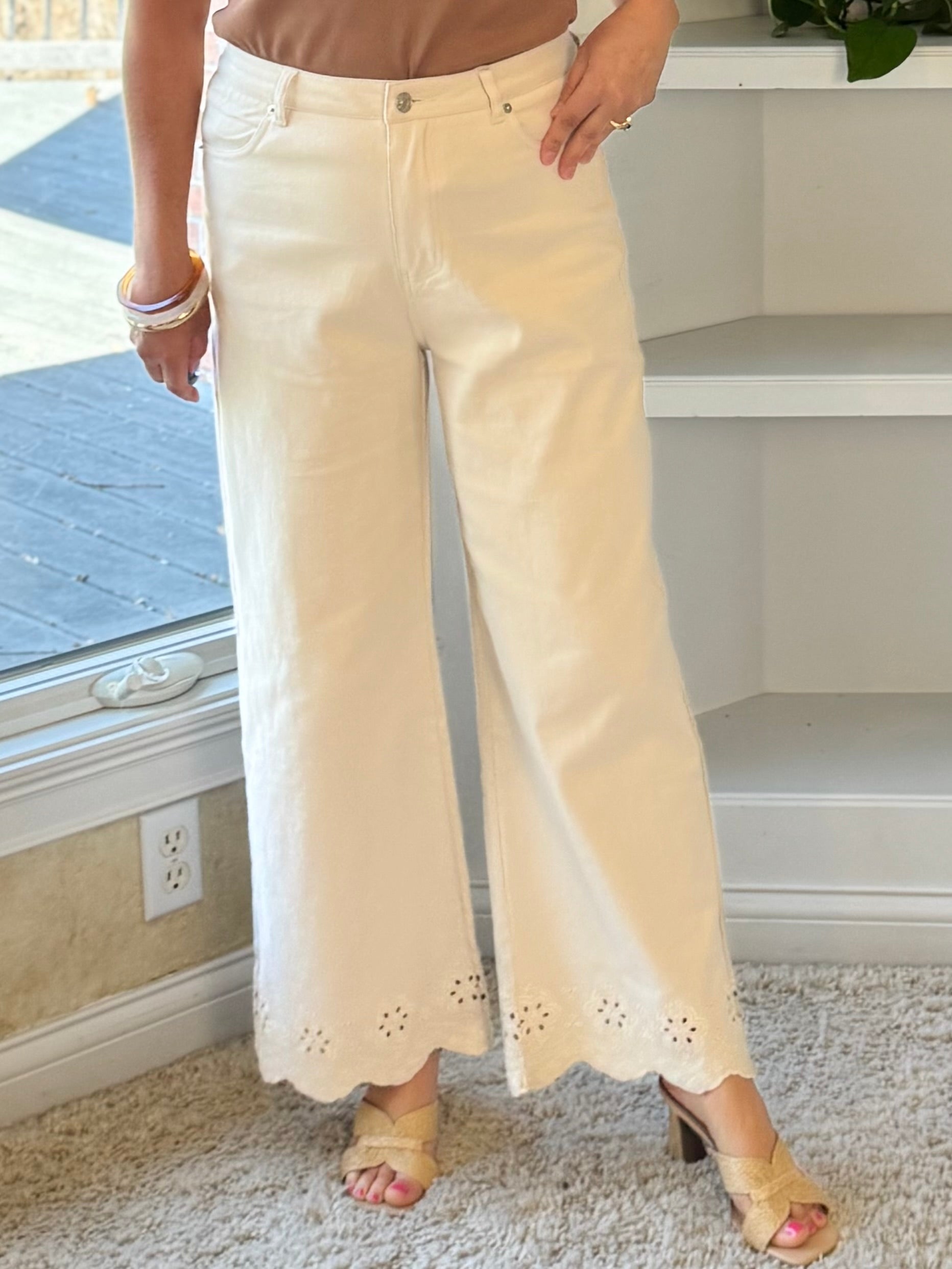 Eyelet Hem High-Rise Wide Leg Ankle Pants