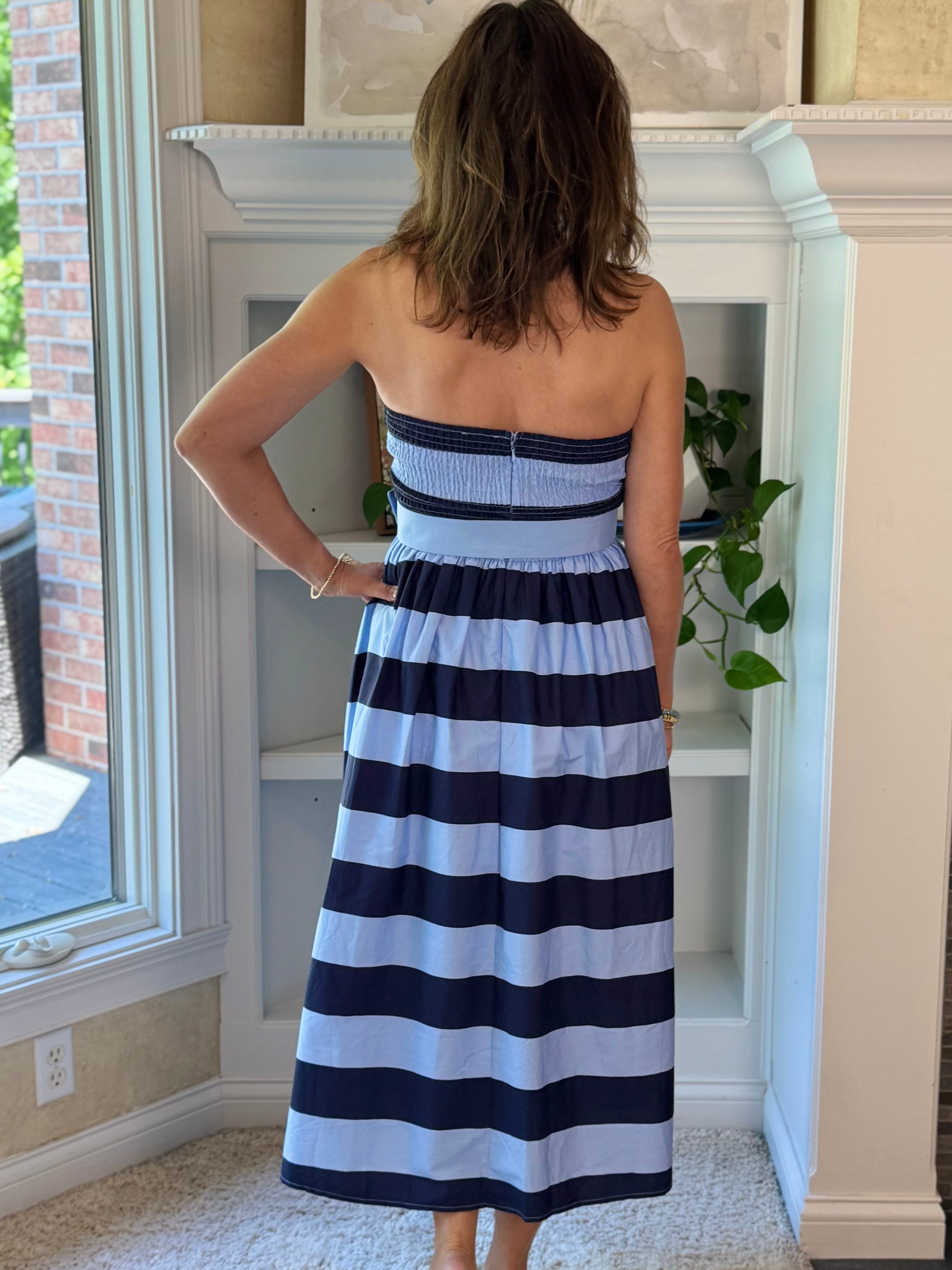 Harbor Striped Strapless Midi Dress
