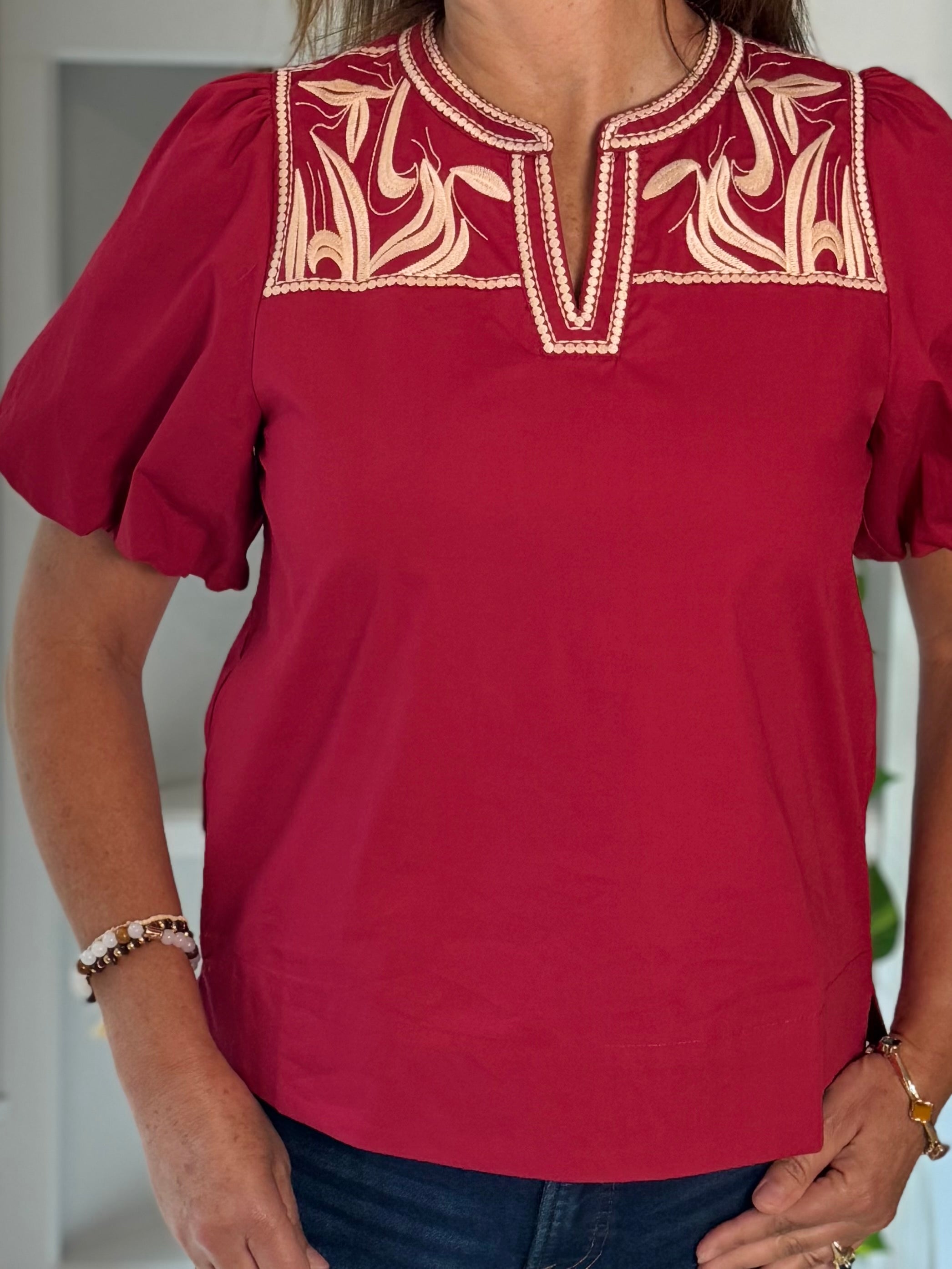 Autumn Ember Embroidered Top - Wine