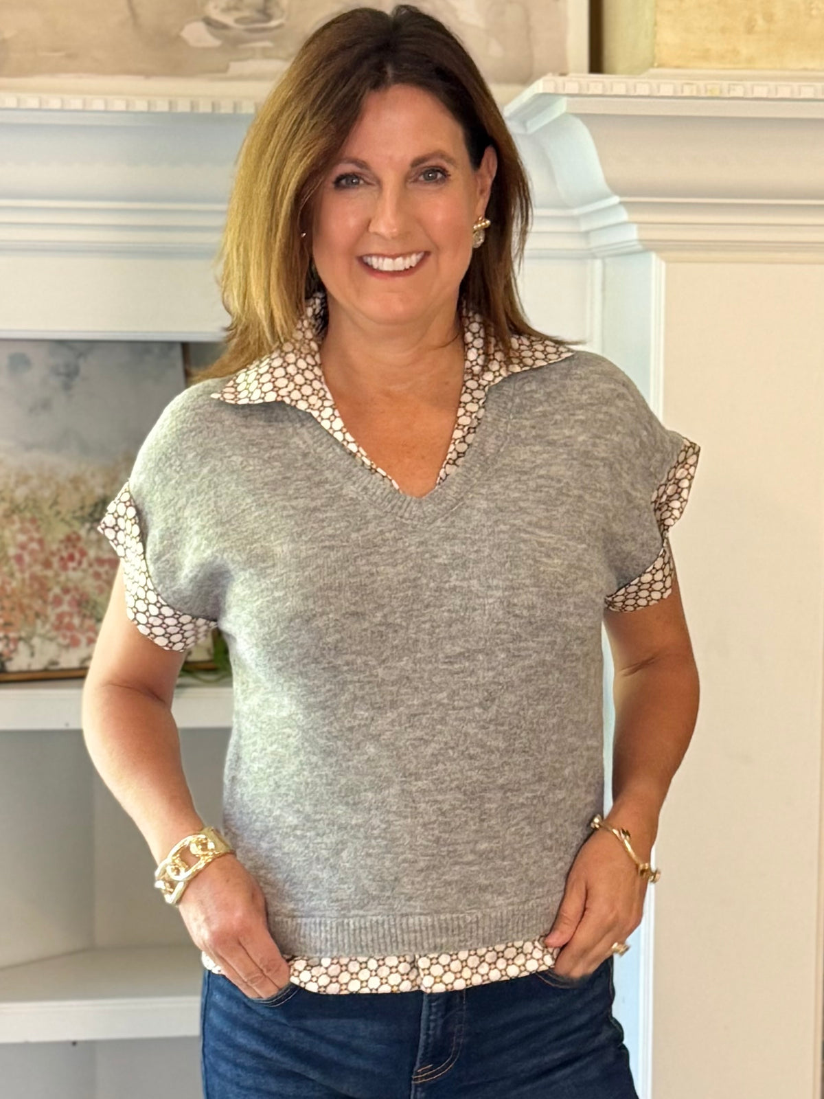 THML Peek of Print Knit Top - Gray