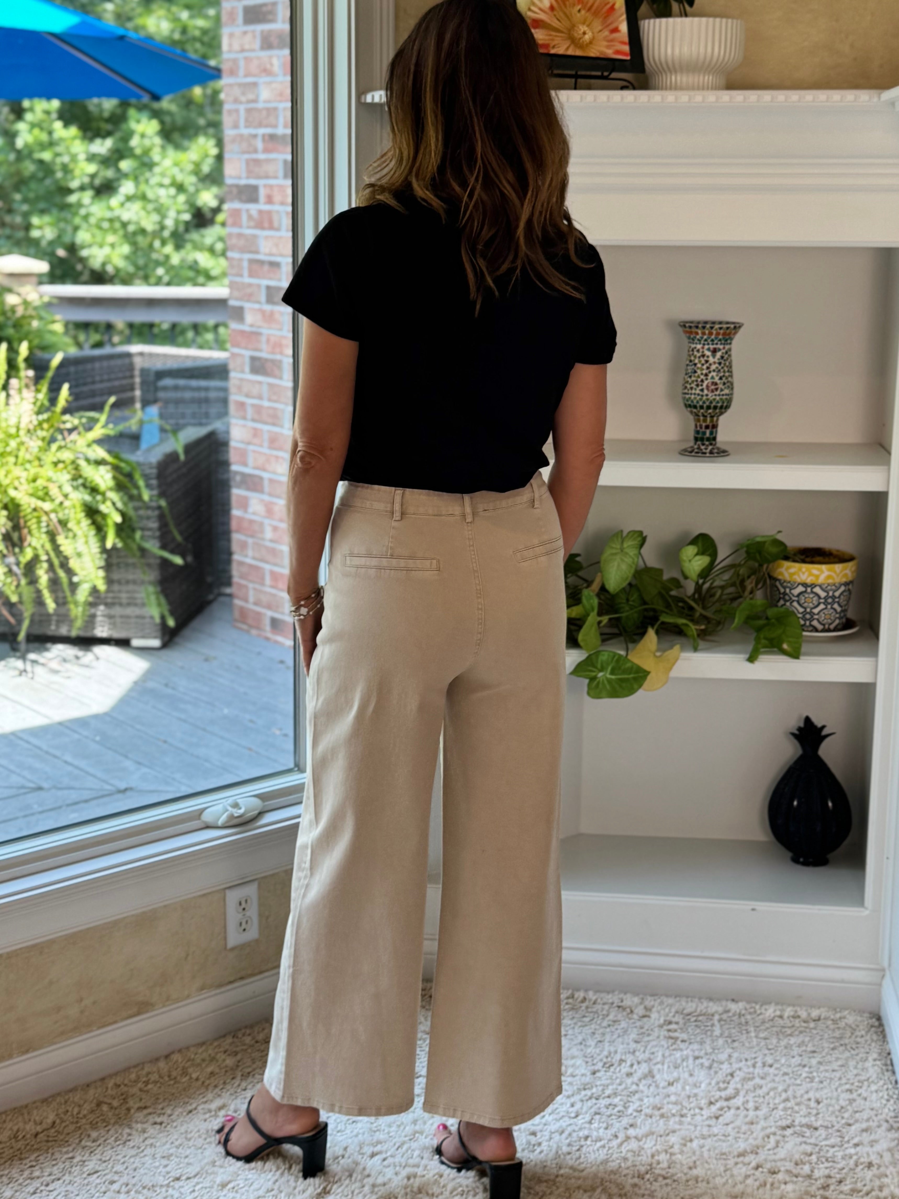 High-Rise Wide Leg Ankle Length Pants - Stone