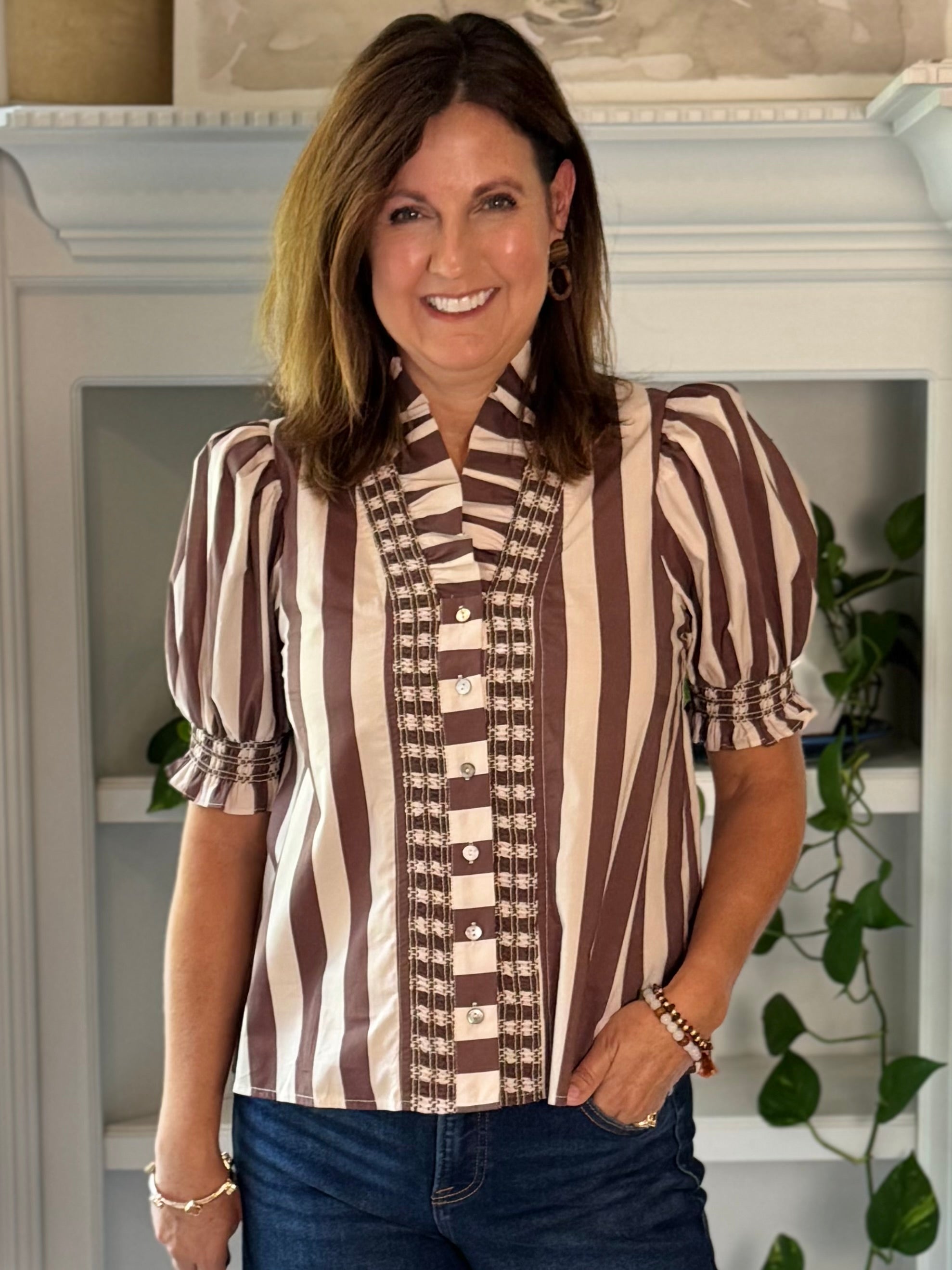 Love at First Stripe Top - Ecru/Brown