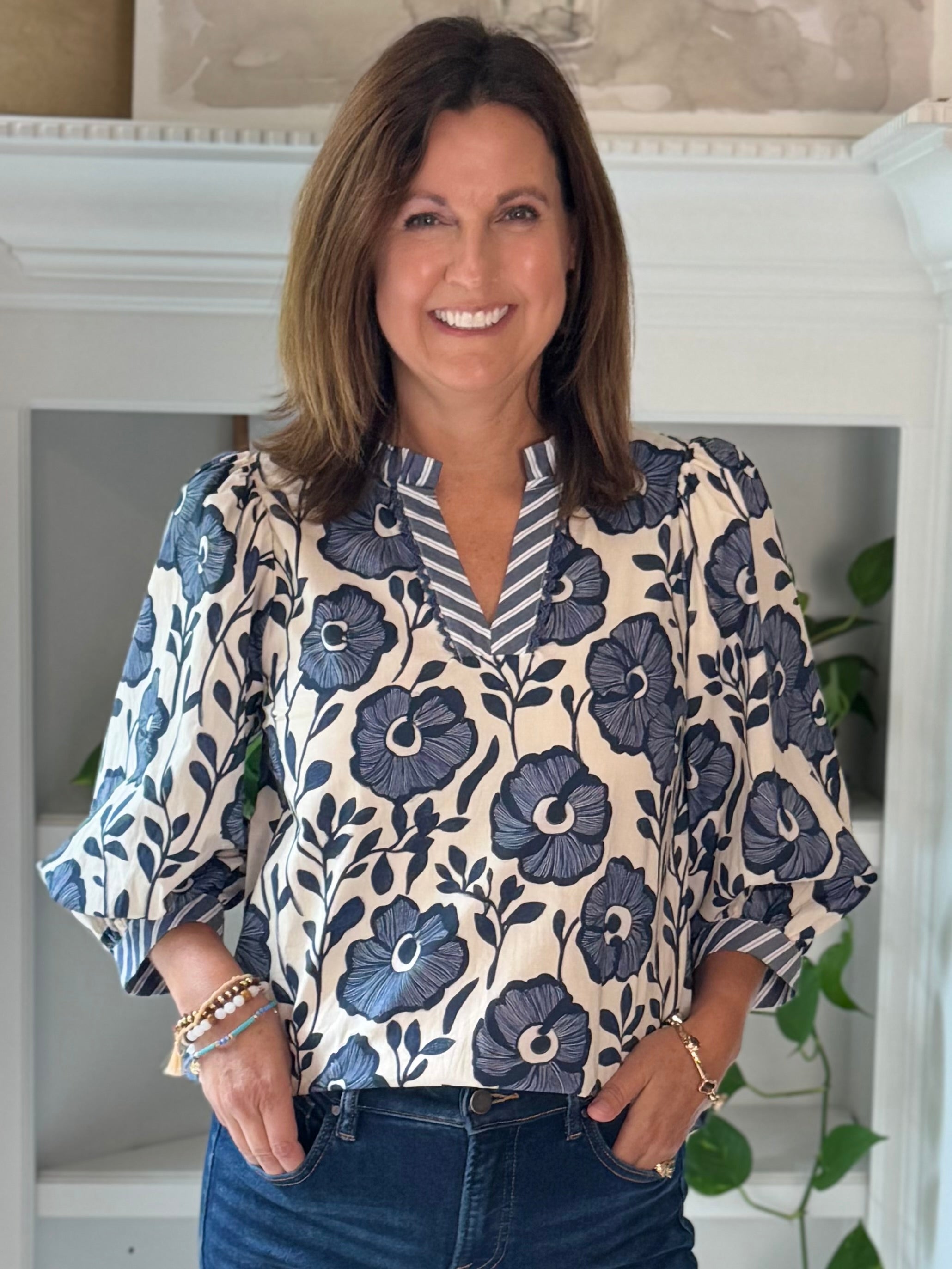 True Blue Floral Contrast Top
