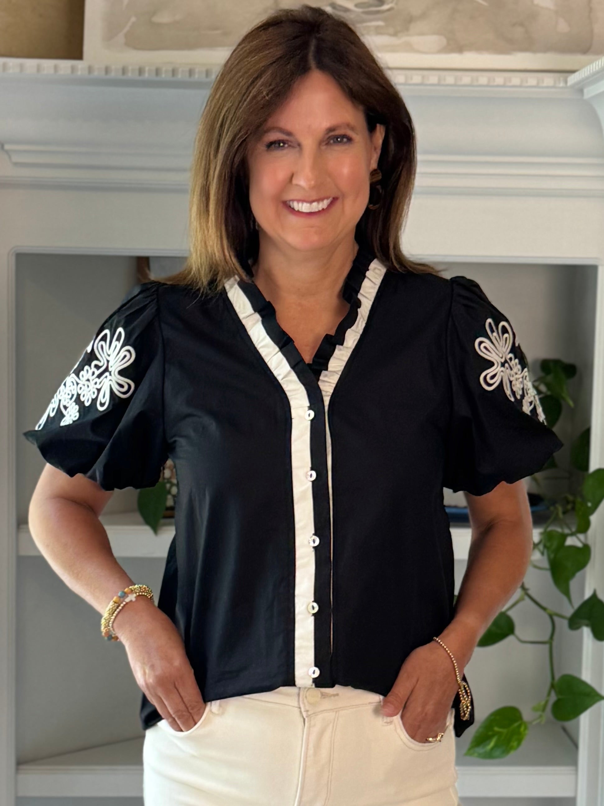 Artful Contrast Embroidered Top - Black