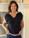THML Peek of Print Knit Top - Navy