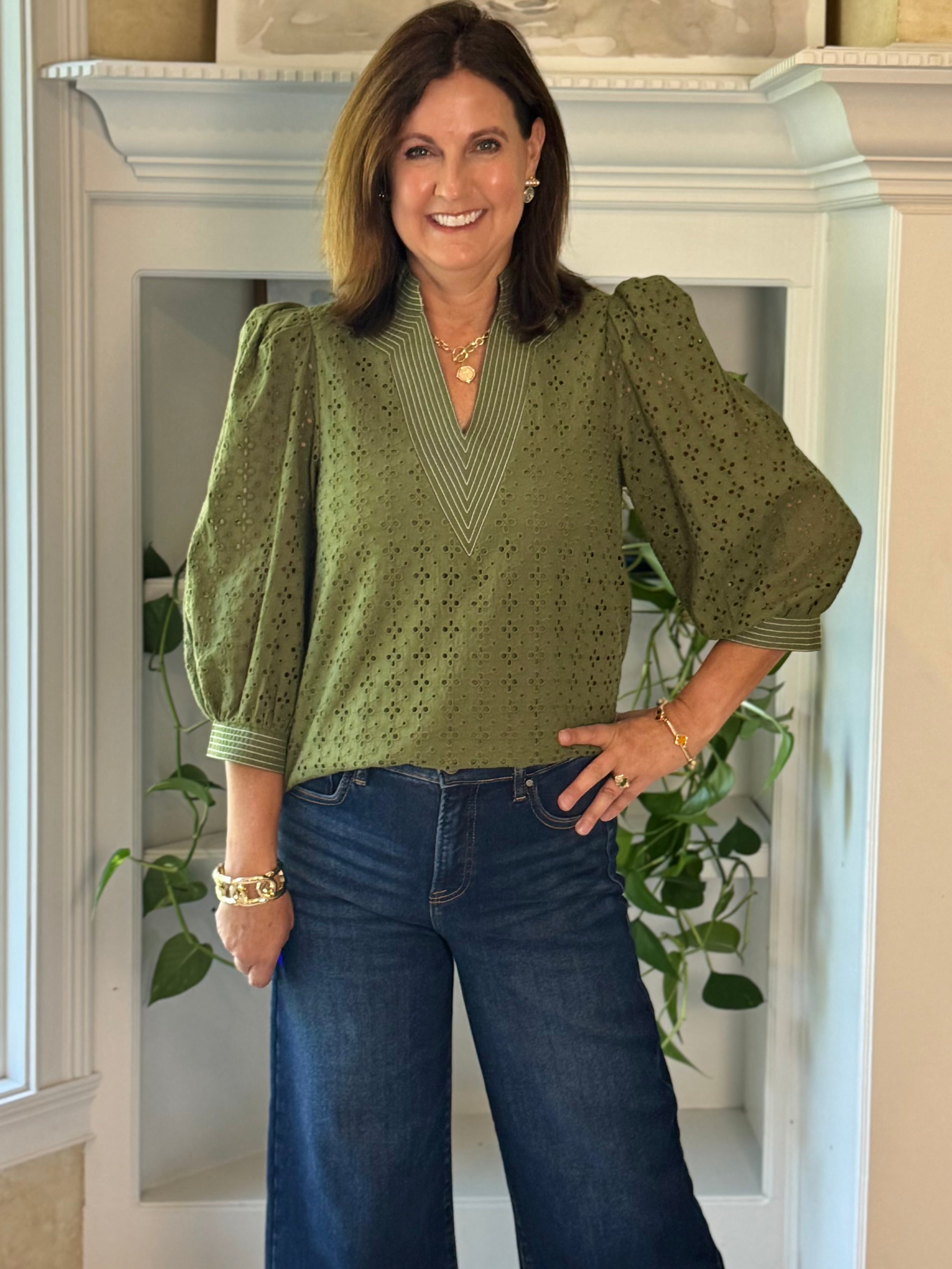 Olive Allure Eyelet Top