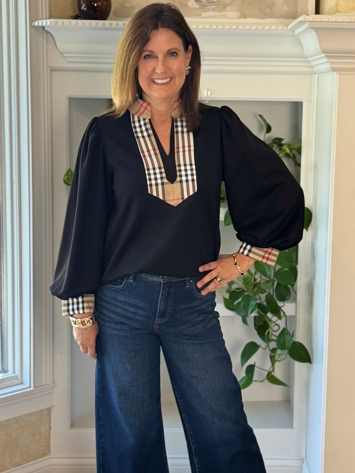Plaid Perspective Contrast Top