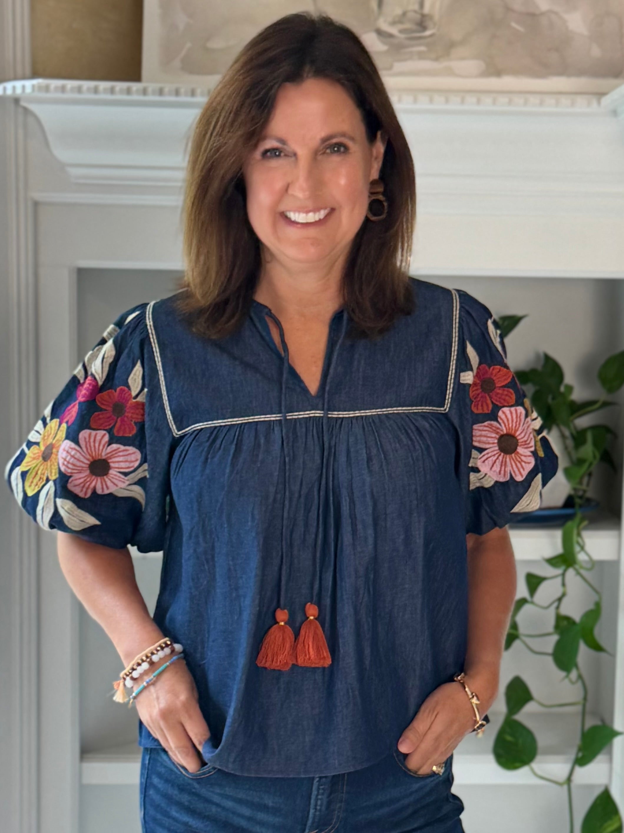 THML Denim in Bloom Embroidered Tassel Top