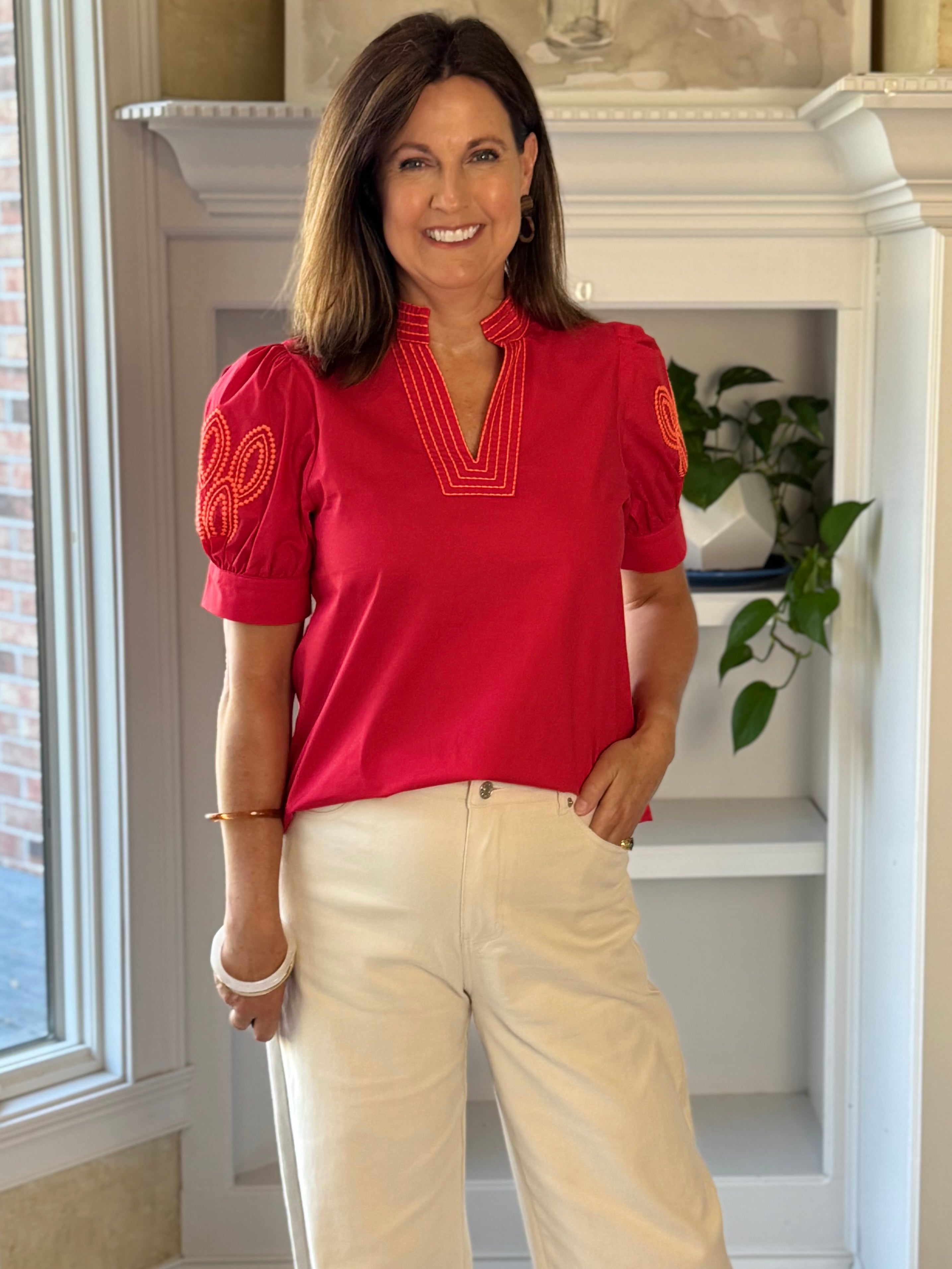 Statement Red Embroidered Top