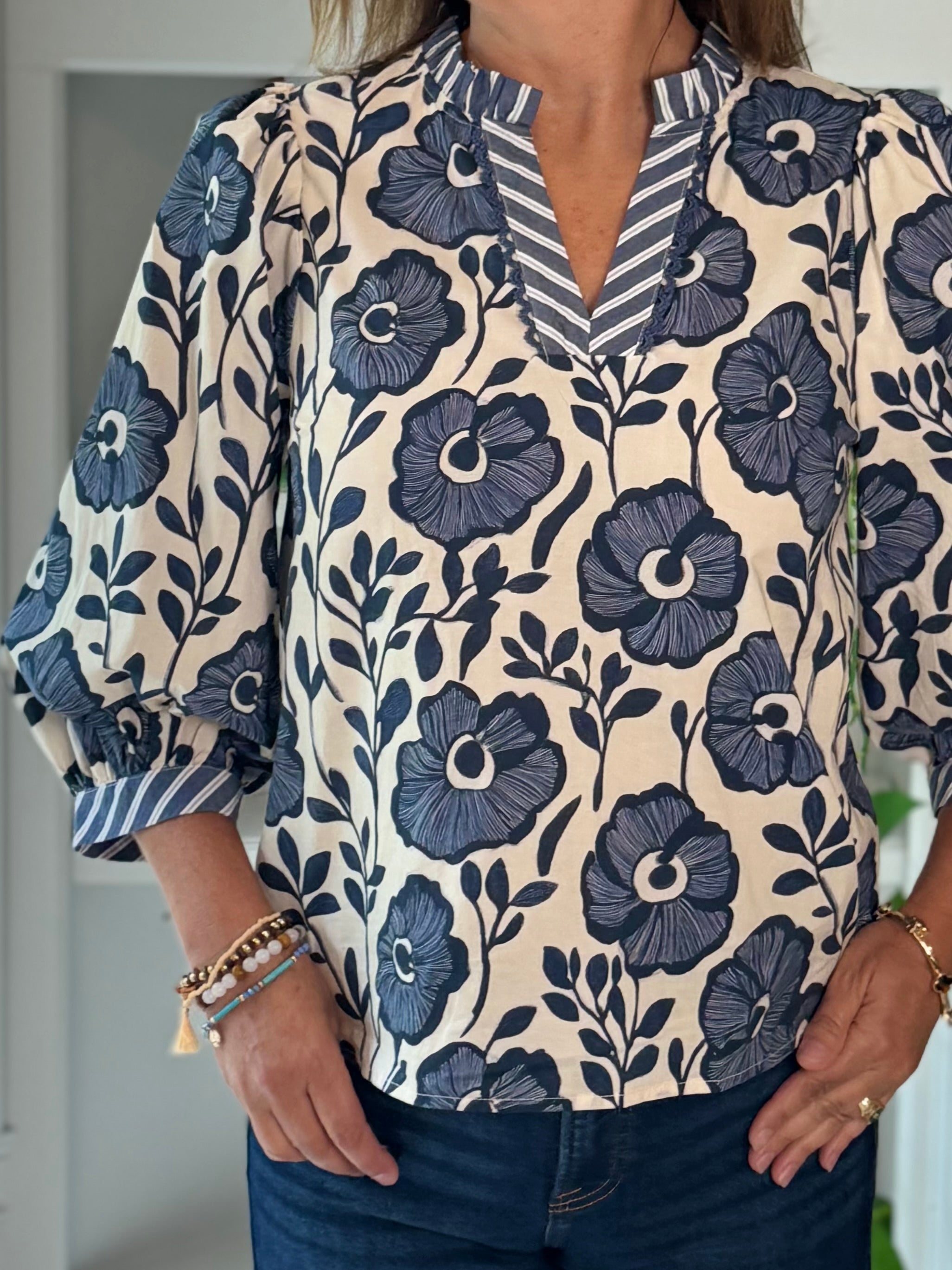 True Blue Floral Contrast Top