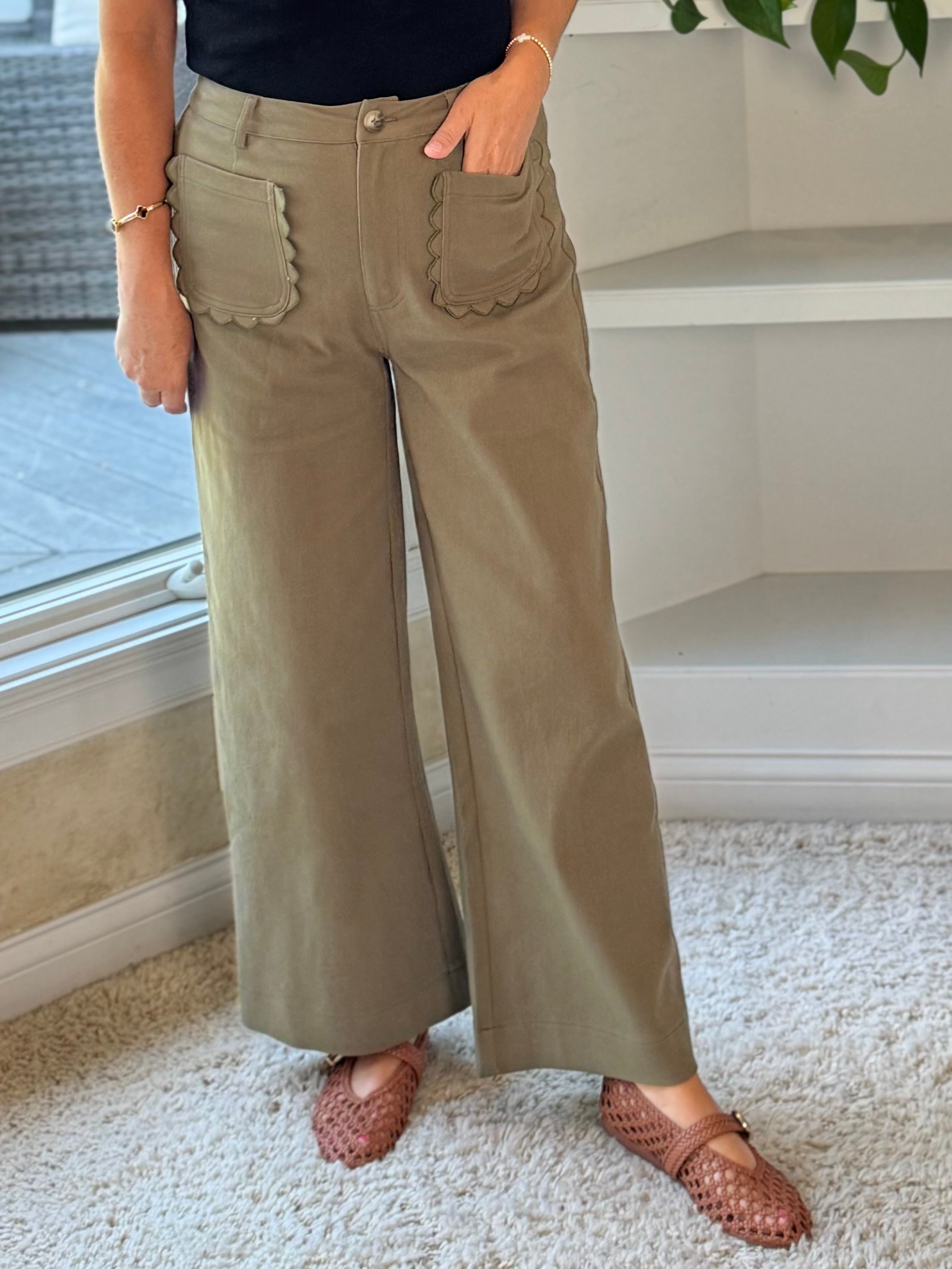 Scallop Pocket High-Rise Wide Leg Ankle Pants - Olive