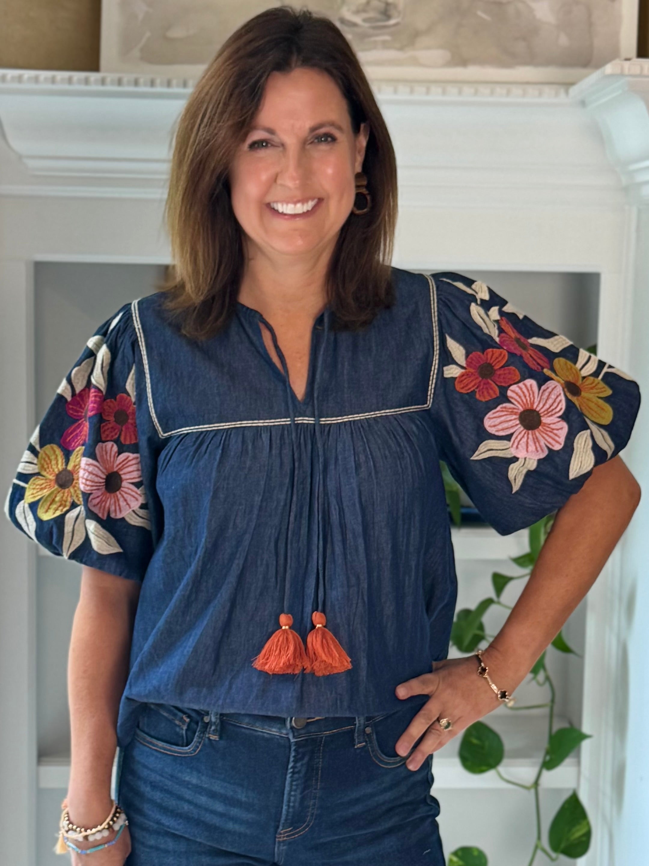 THML Denim in Bloom Embroidered Tassel Top