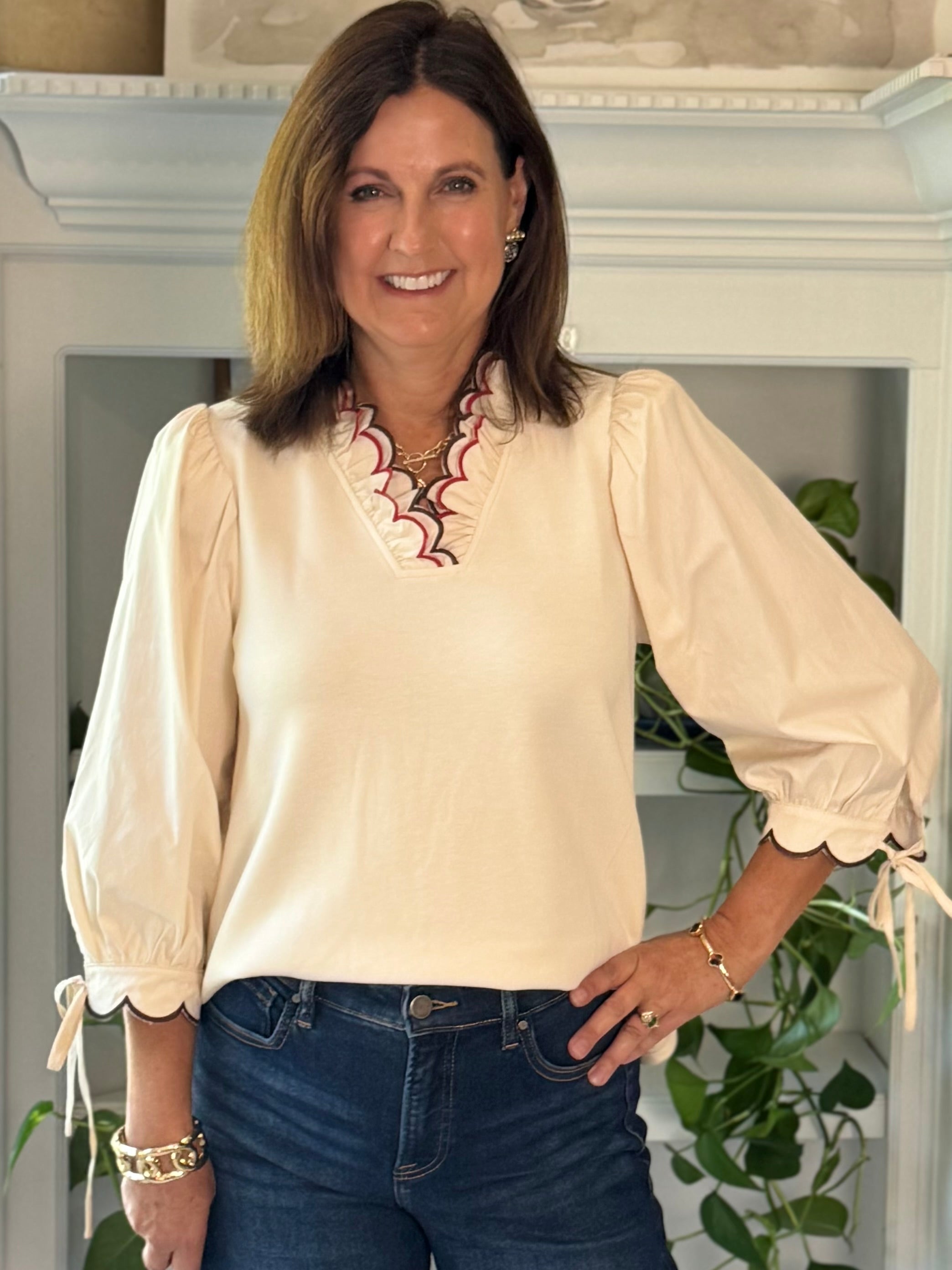 Scalloped Grace Long-Sleeve Top - Ivory