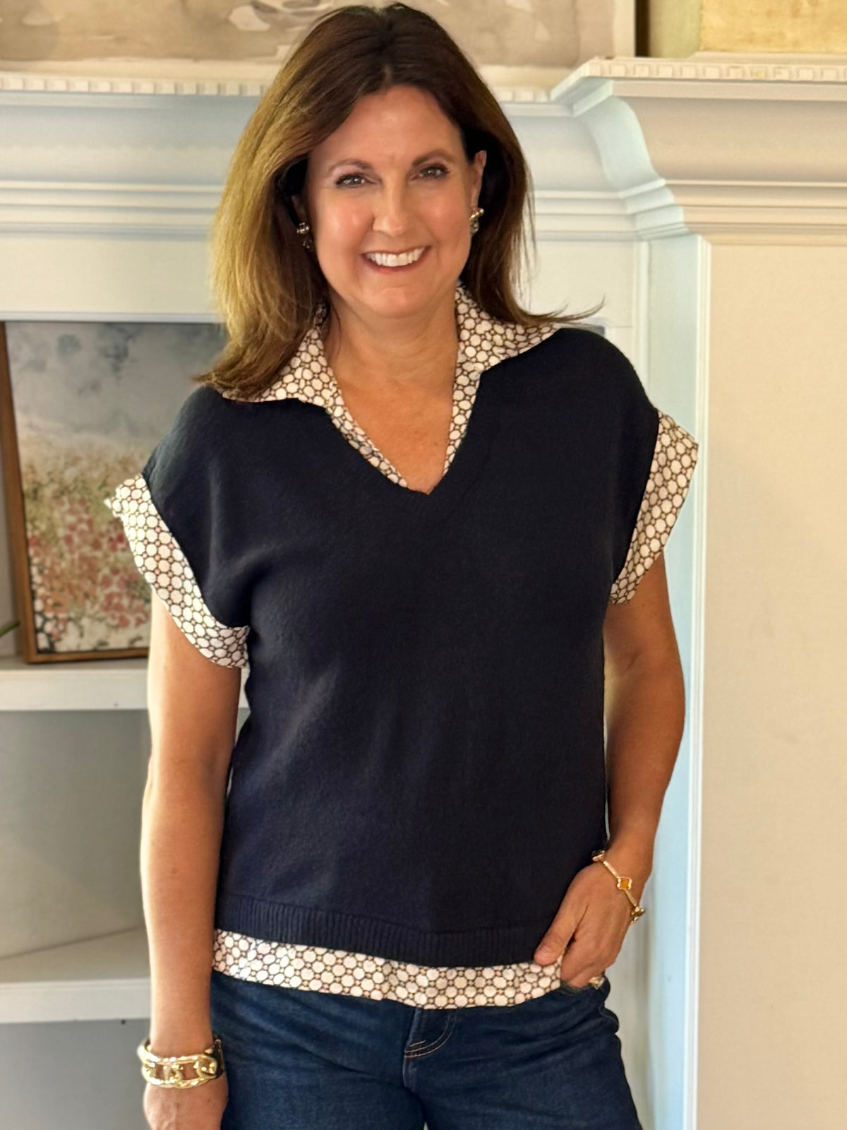THML Peek of Print Knit Top - Navy