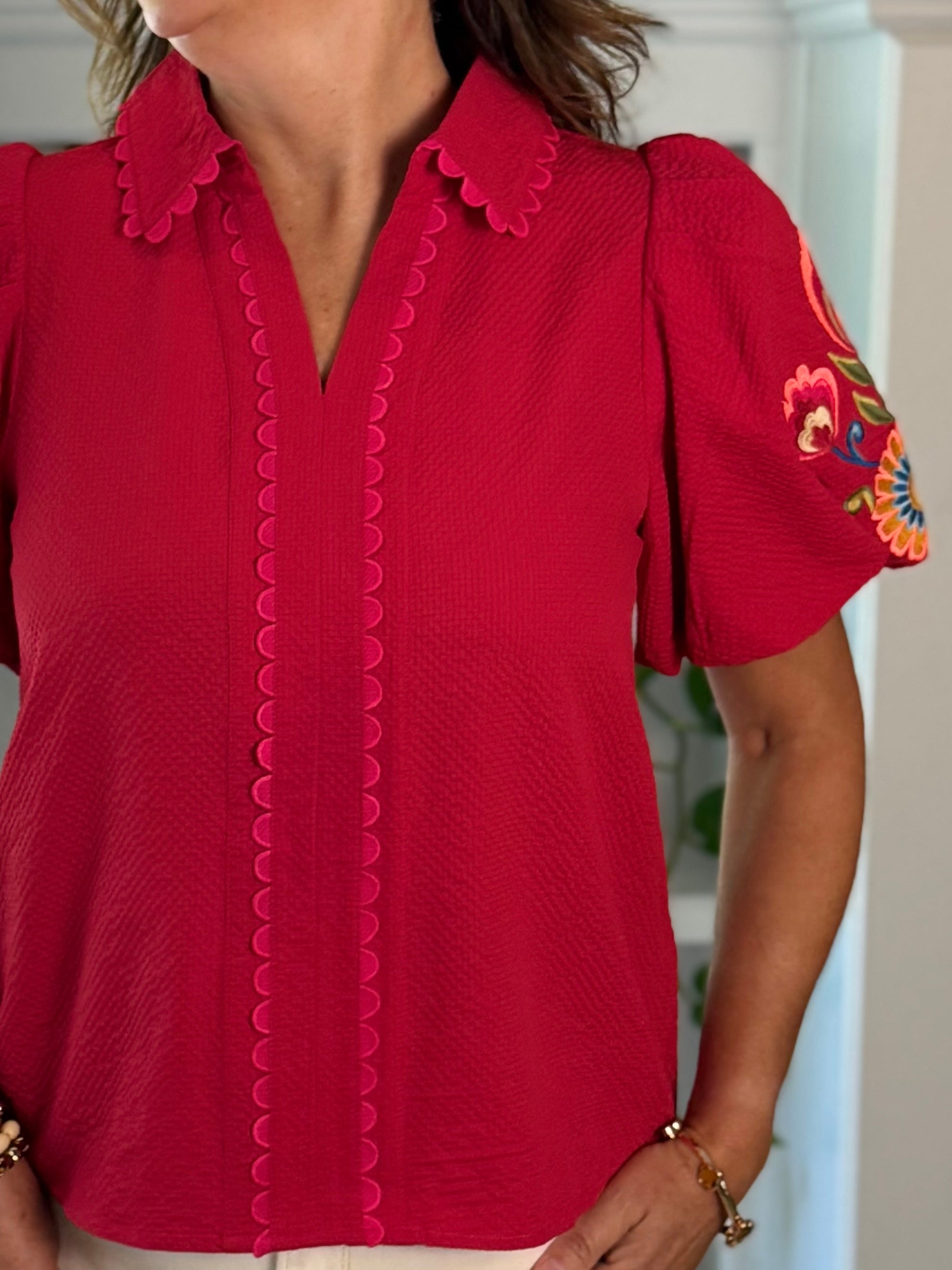 Embroidered Charm Top - Red