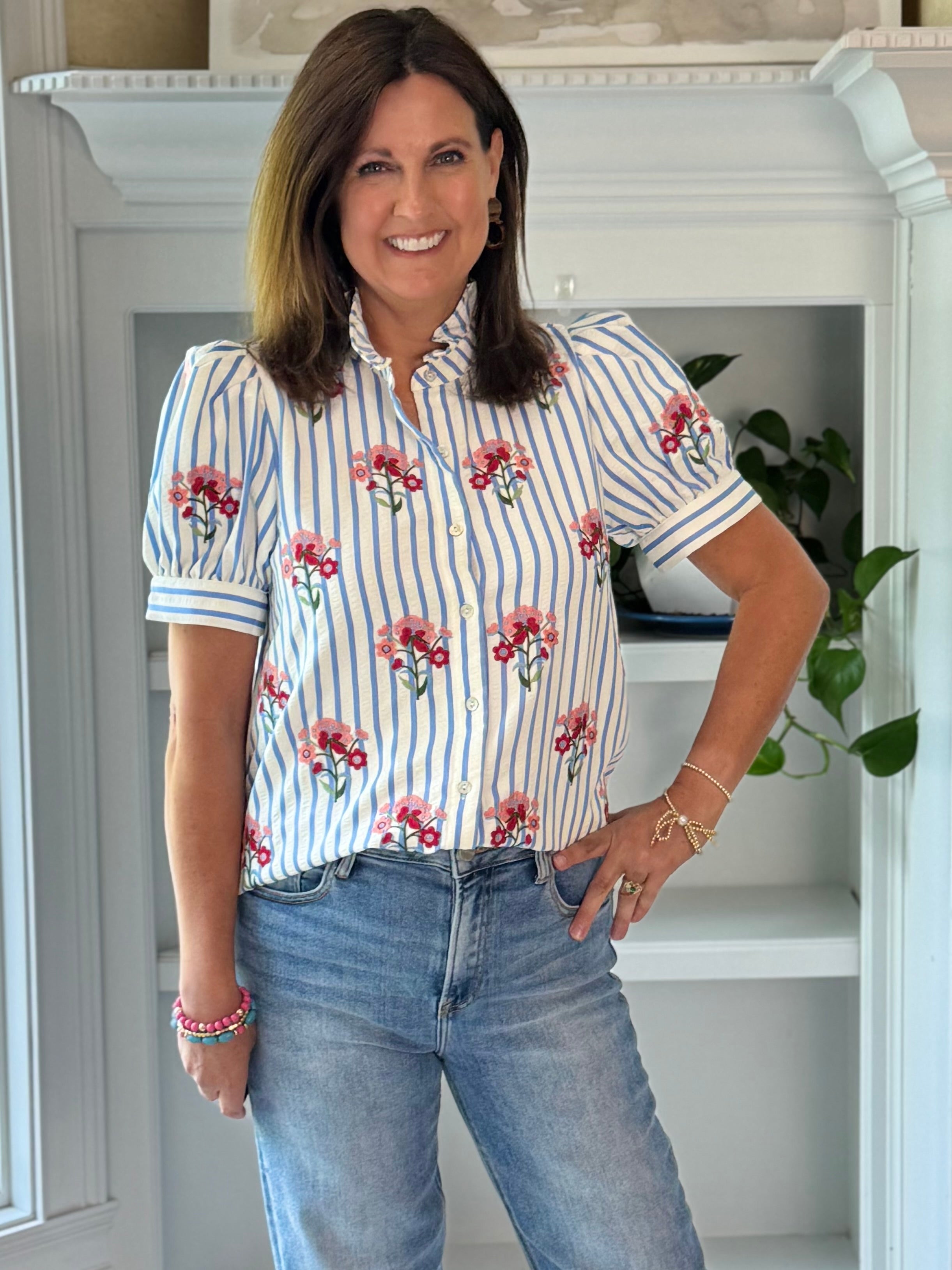 Floral & Stripes Embroidered Top