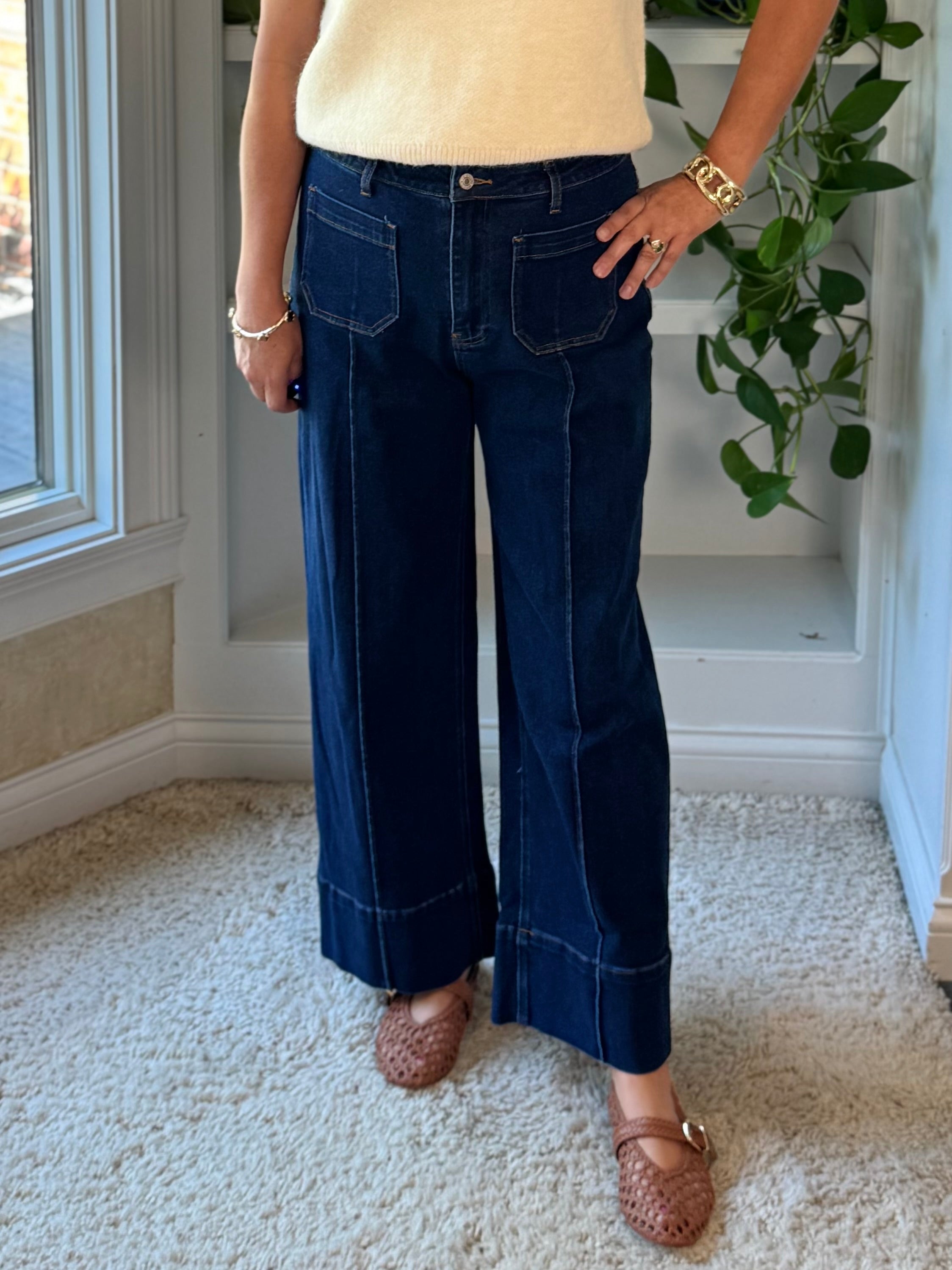 Modern Cuff Wide Leg Ankle Jeans - Dark Wash