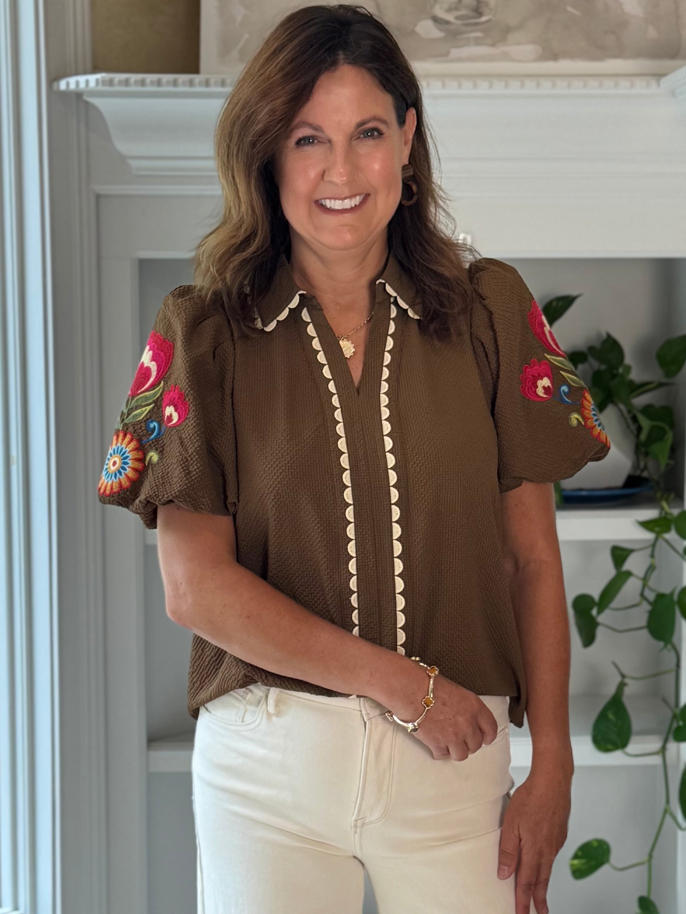 Embroidered Charm Top - Brown
