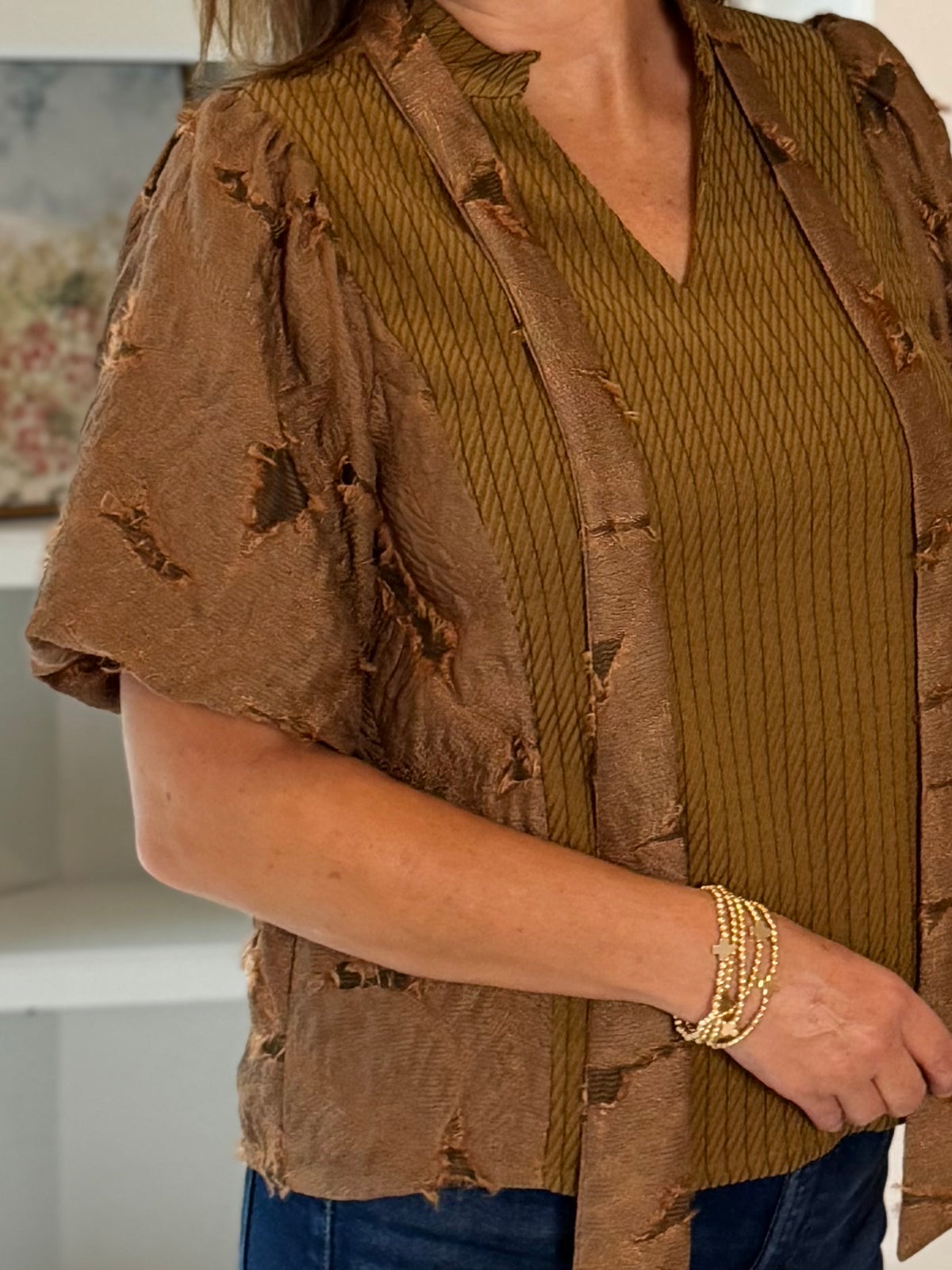 Textured Elegance Tie Blouse