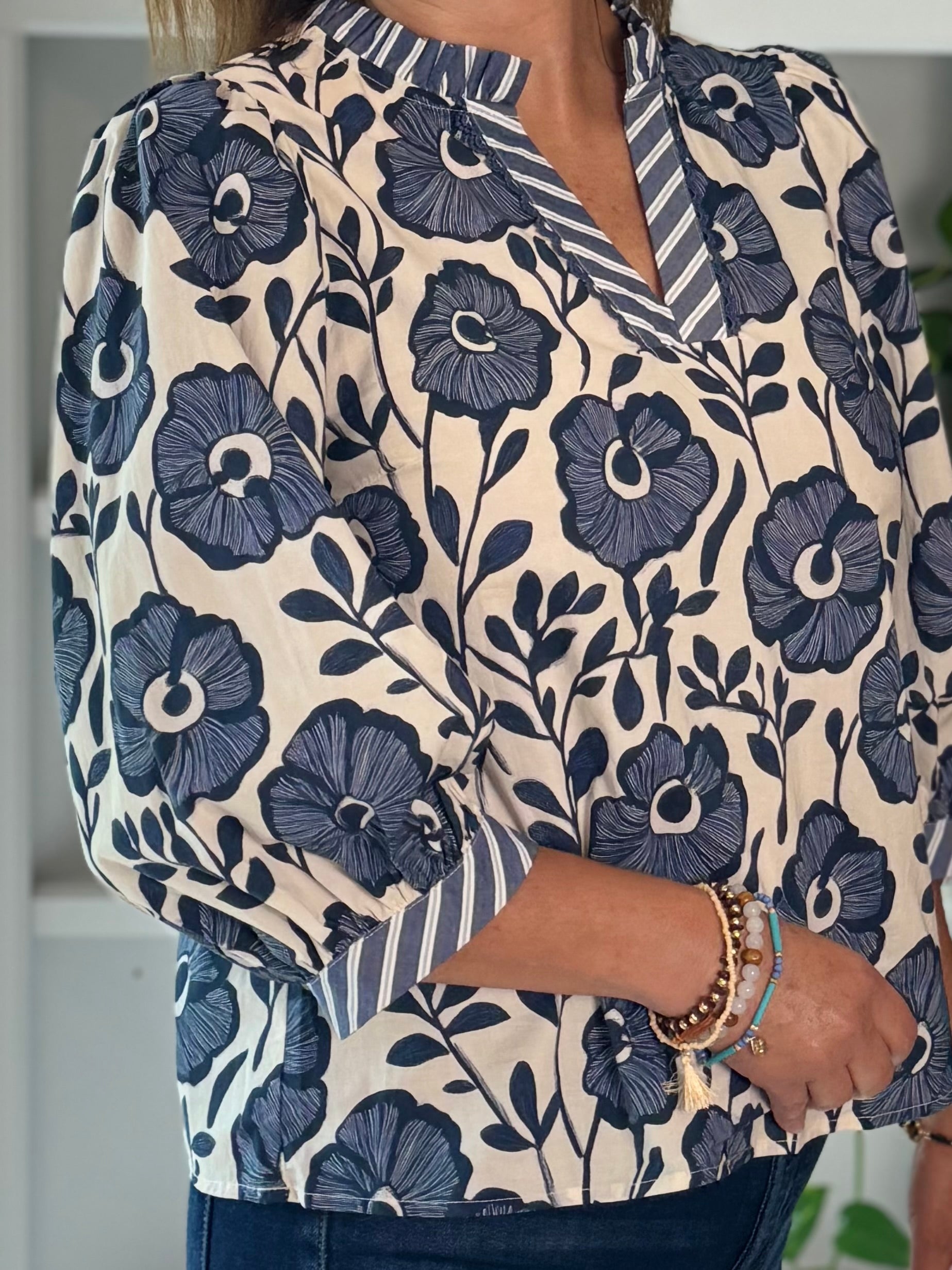 True Blue Floral Contrast Top
