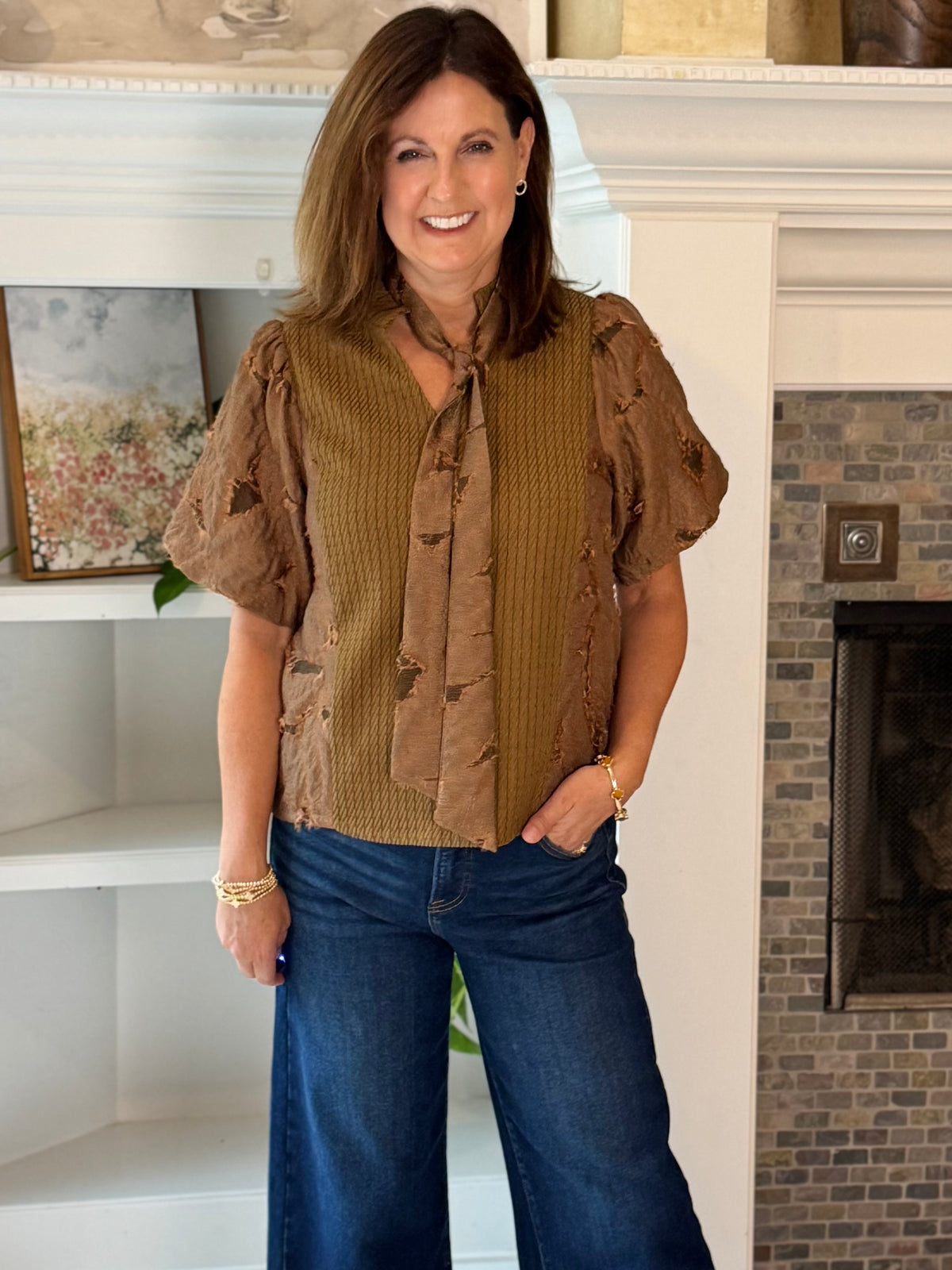Textured Elegance Tie Blouse