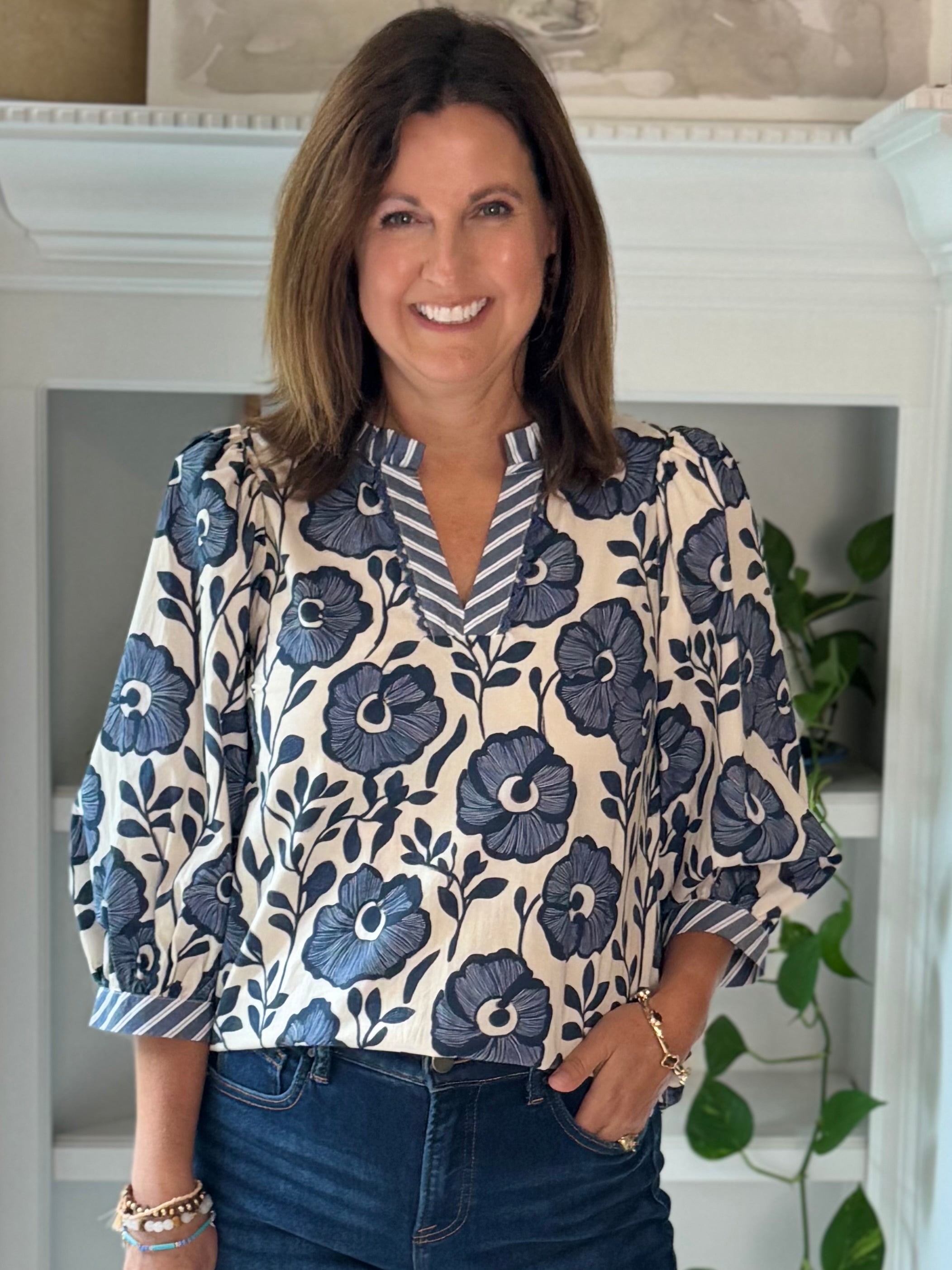 True Blue Floral Contrast Top
