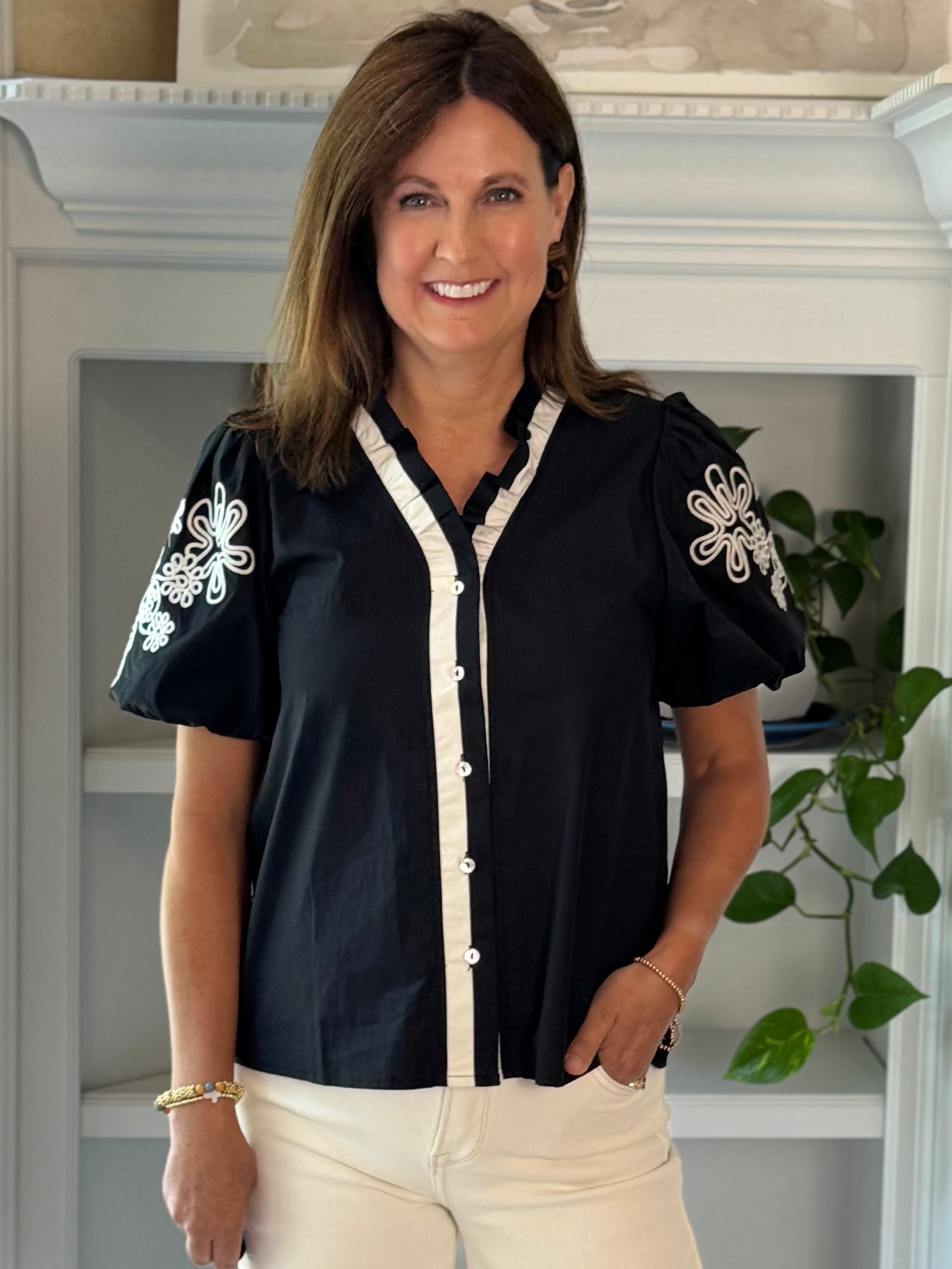 Artful Contrast Embroidered Top - Black