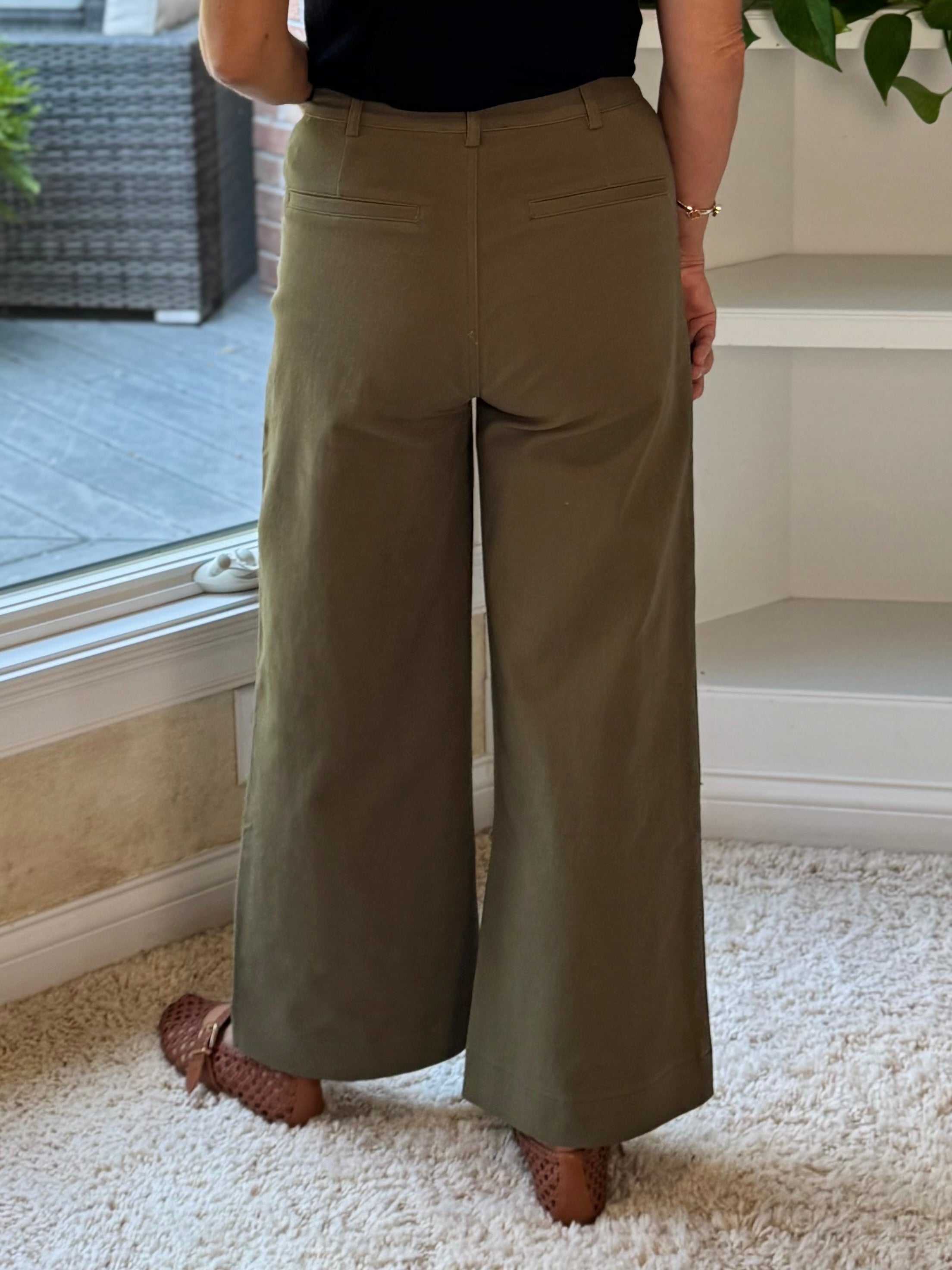 Scallop Pocket High-Rise Wide Leg Ankle Pants - Olive