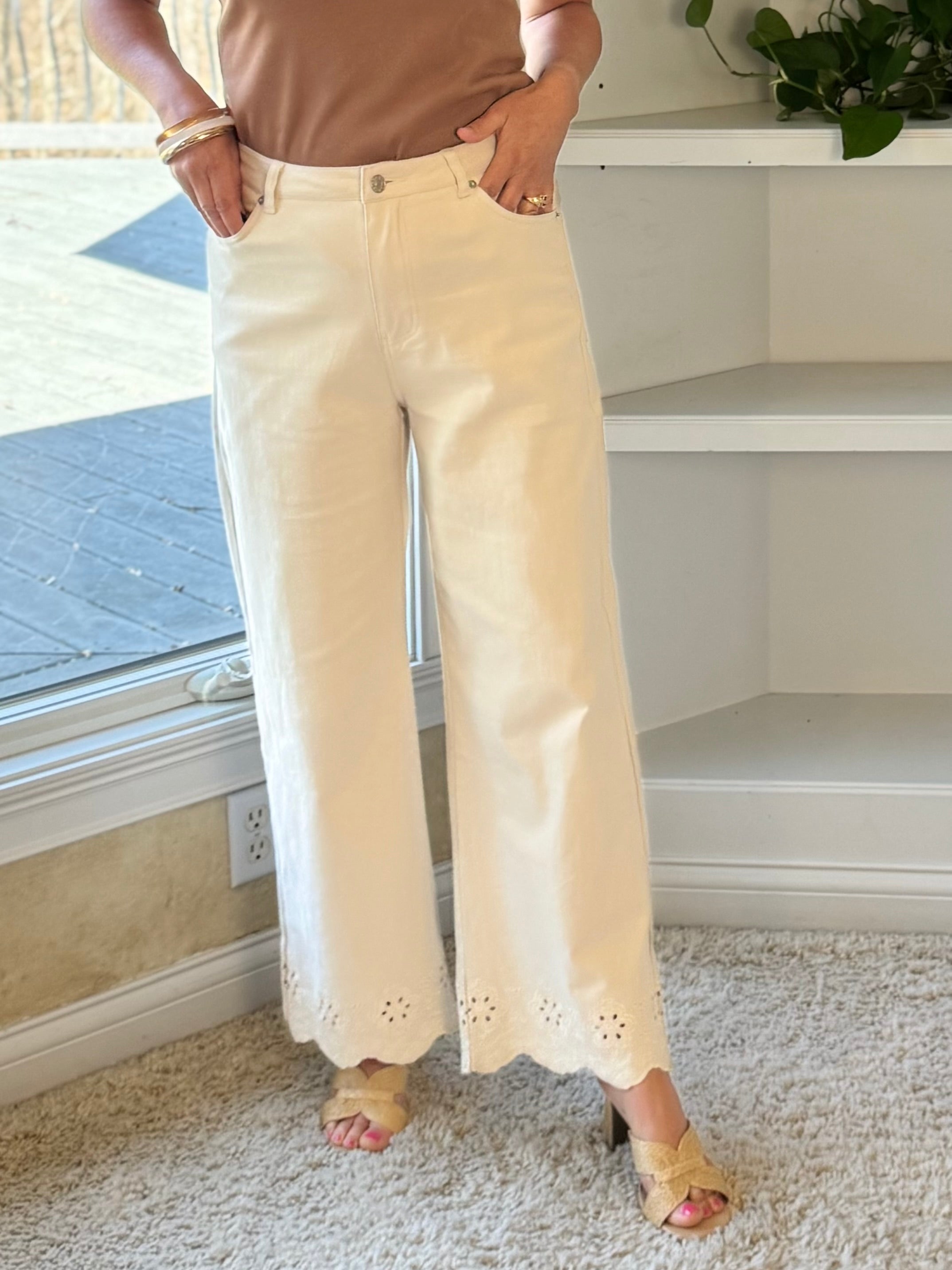 Eyelet Hem High-Rise Wide Leg Ankle Pants