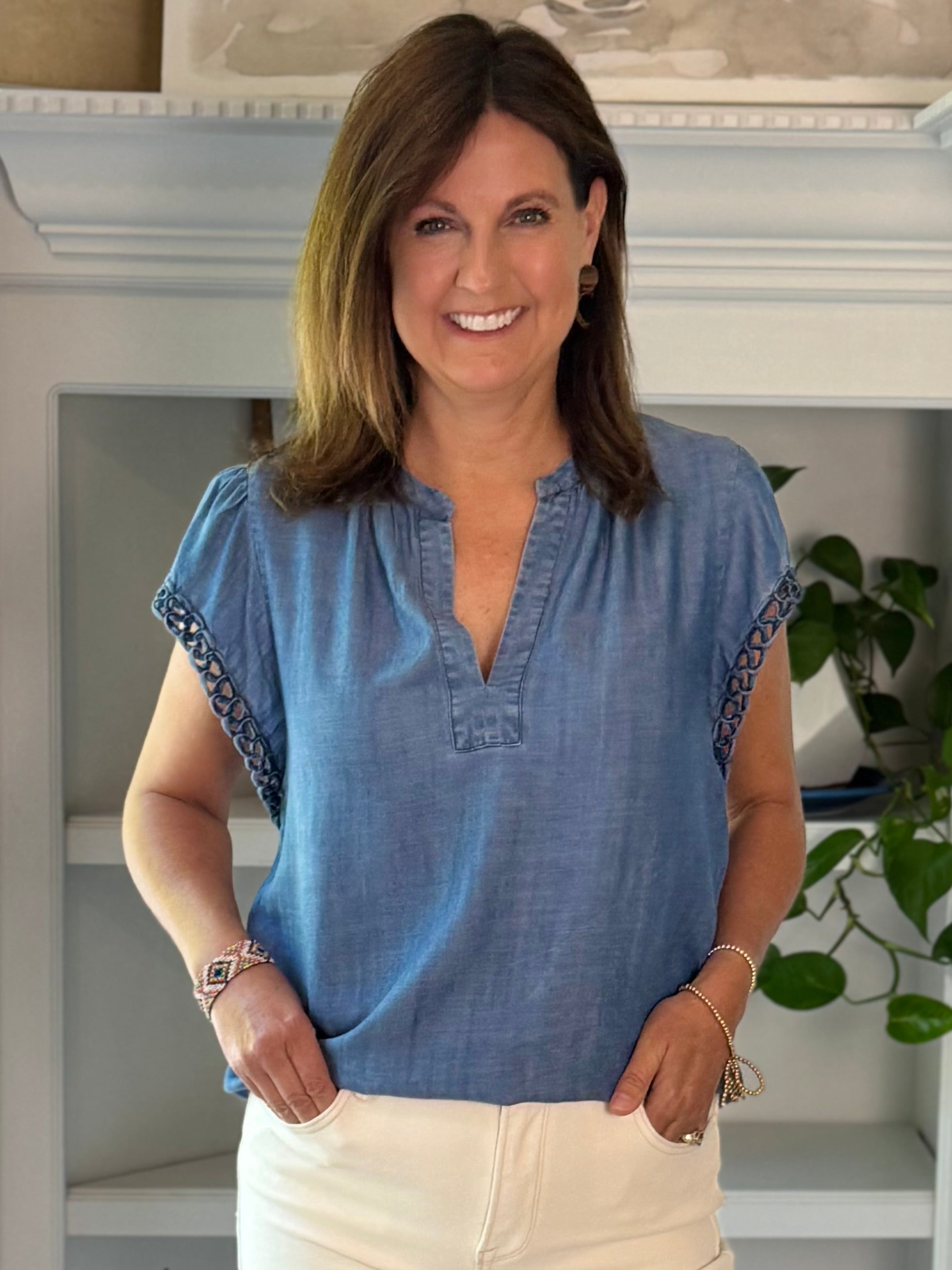 Current Air Chambray Crochet Sleeve Top