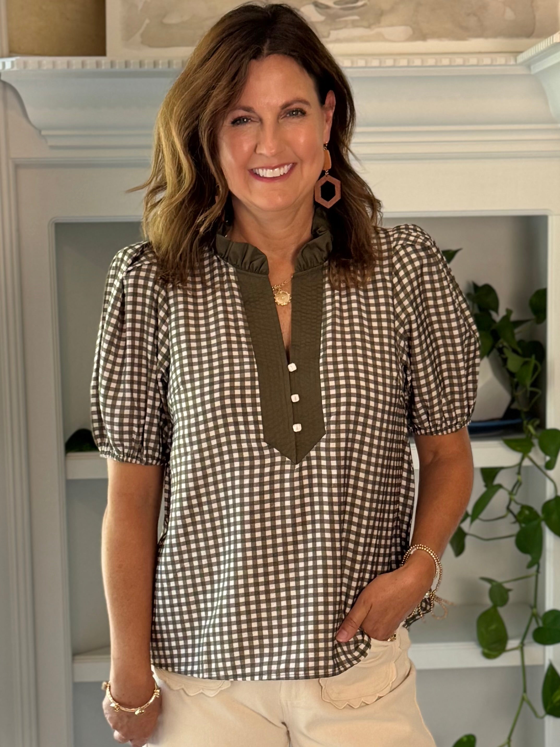 Classic Charm Gingham Top - Olive