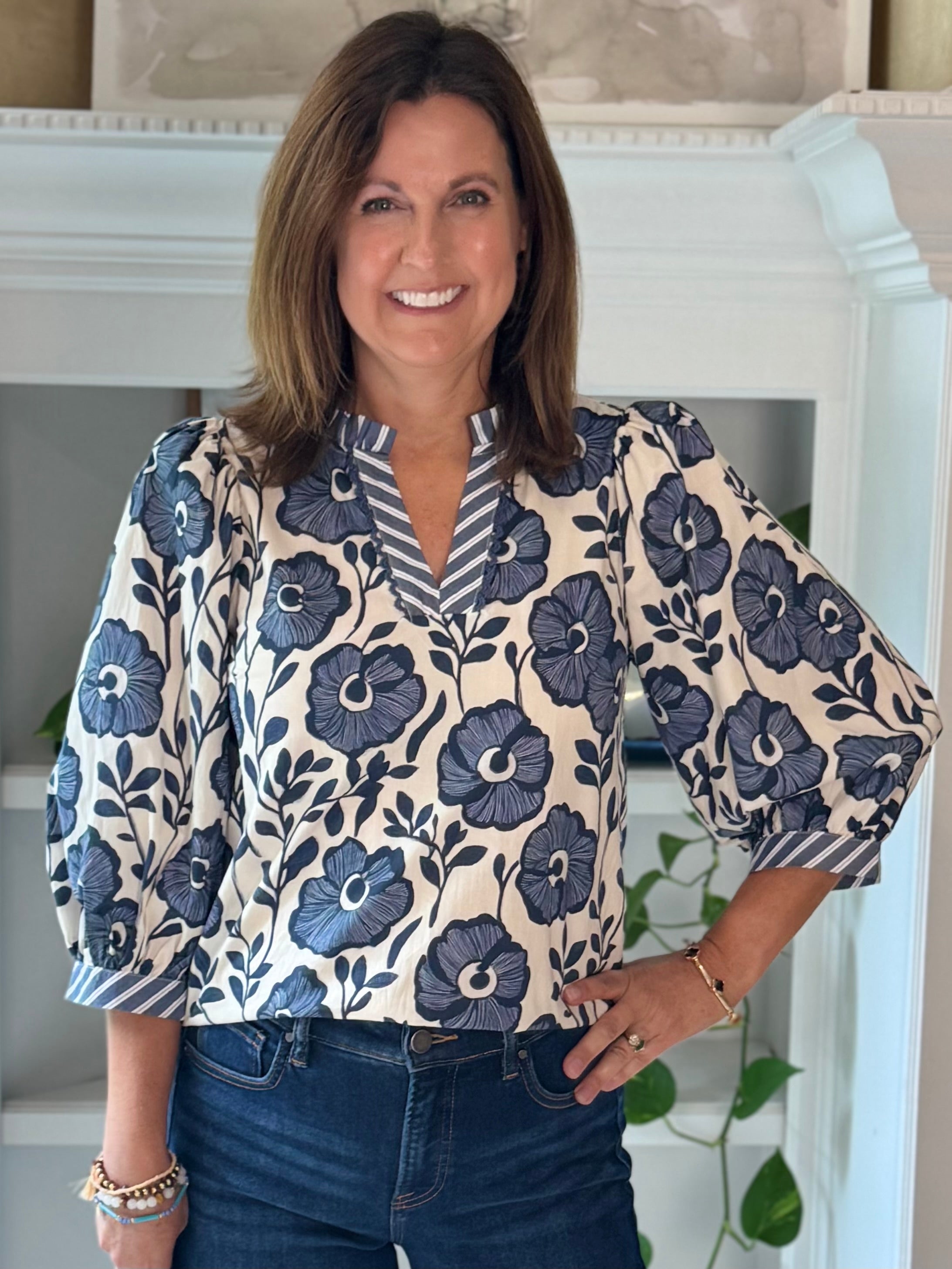 True Blue Floral Contrast Top