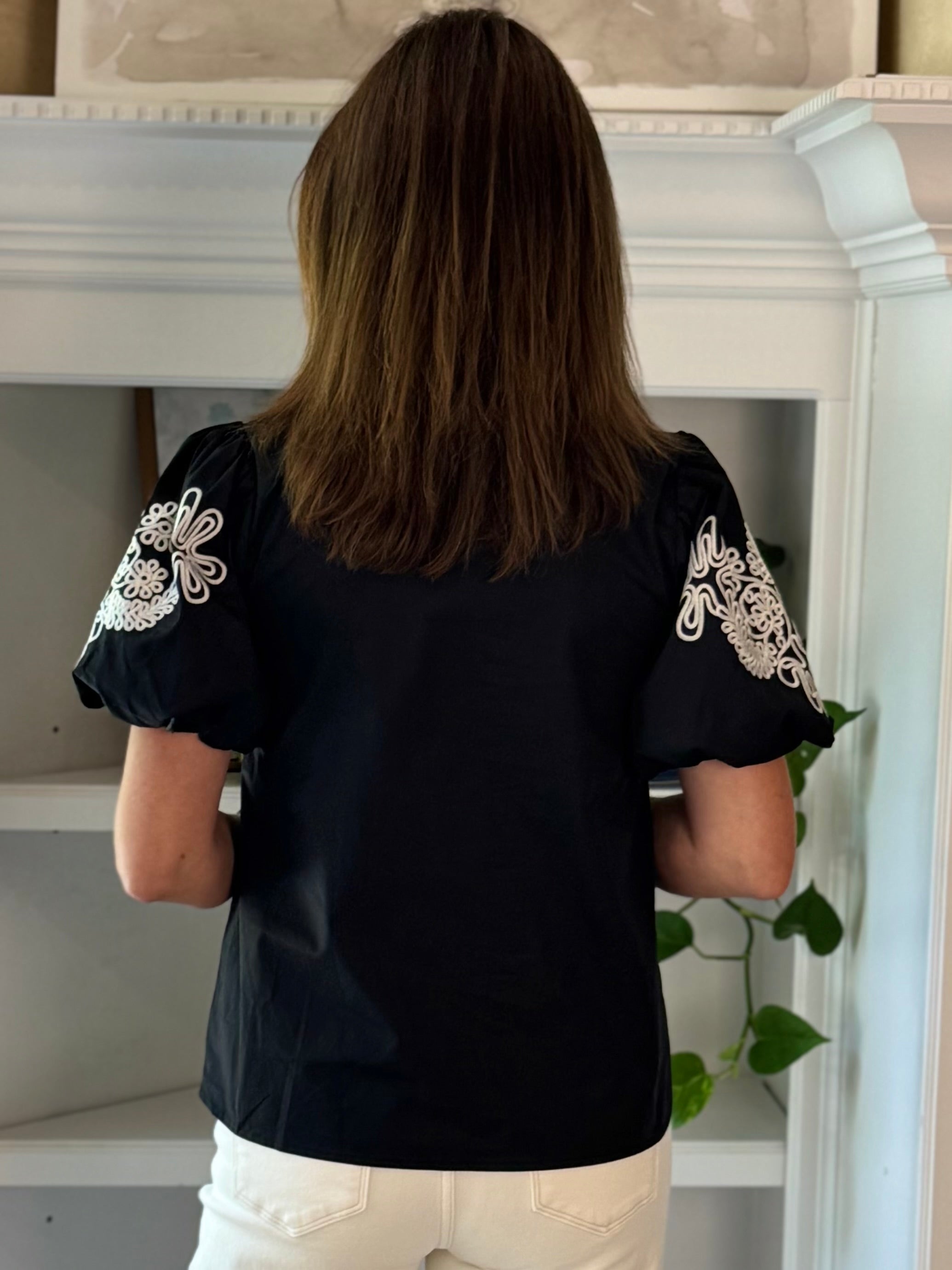 Artful Contrast Embroidered Top - Black