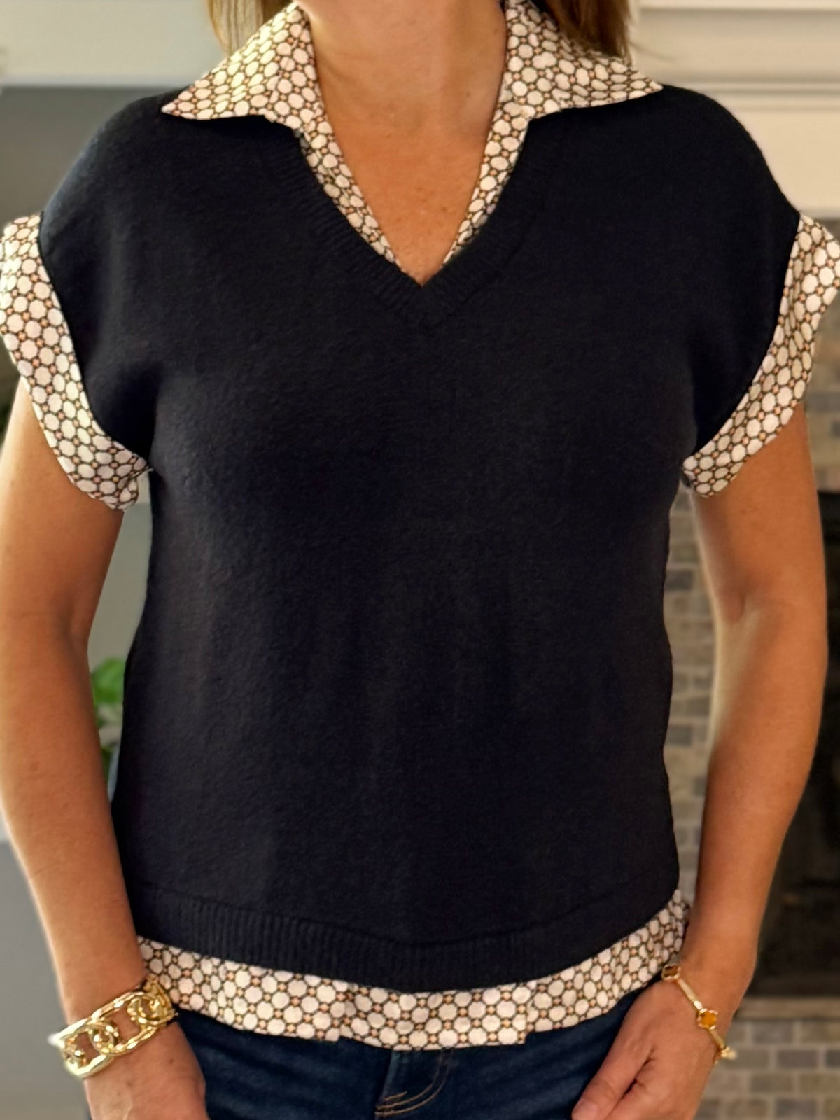 THML Peek of Print Knit Top - Navy