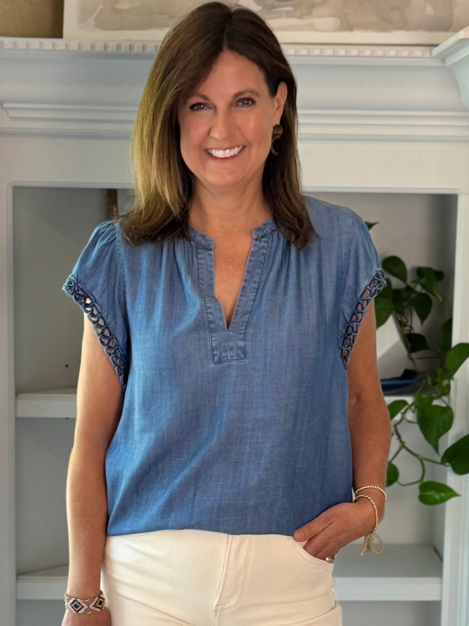 Current Air Chambray Crochet Sleeve Top