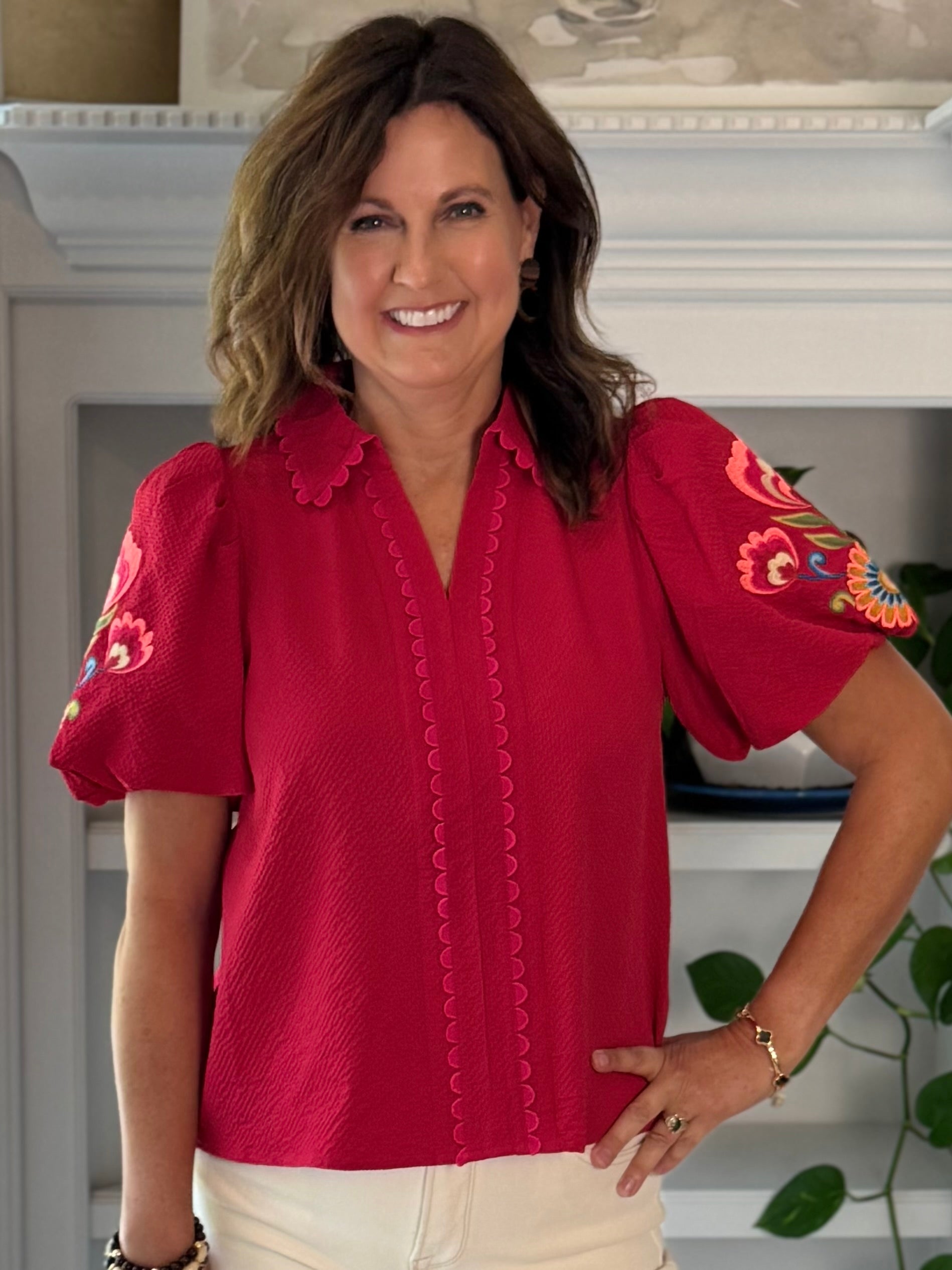 Embroidered Charm Top - Red