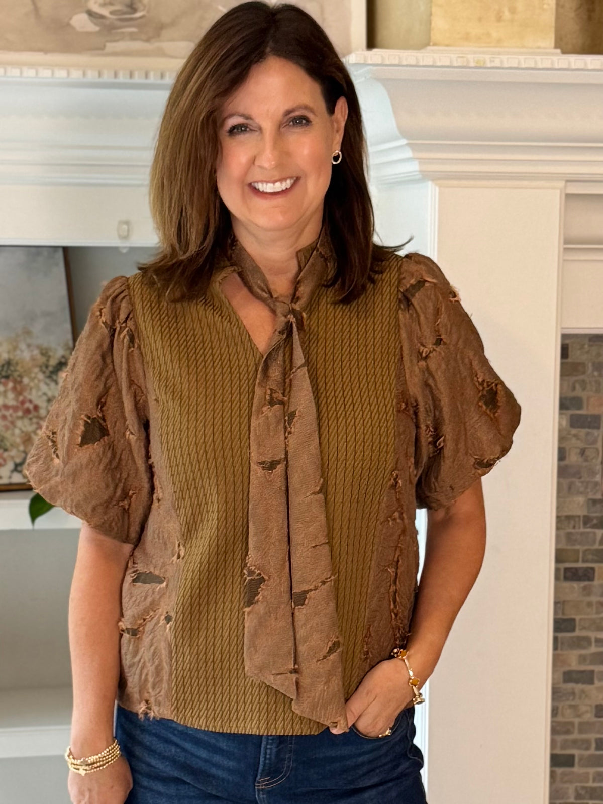Textured Elegance Tie Blouse