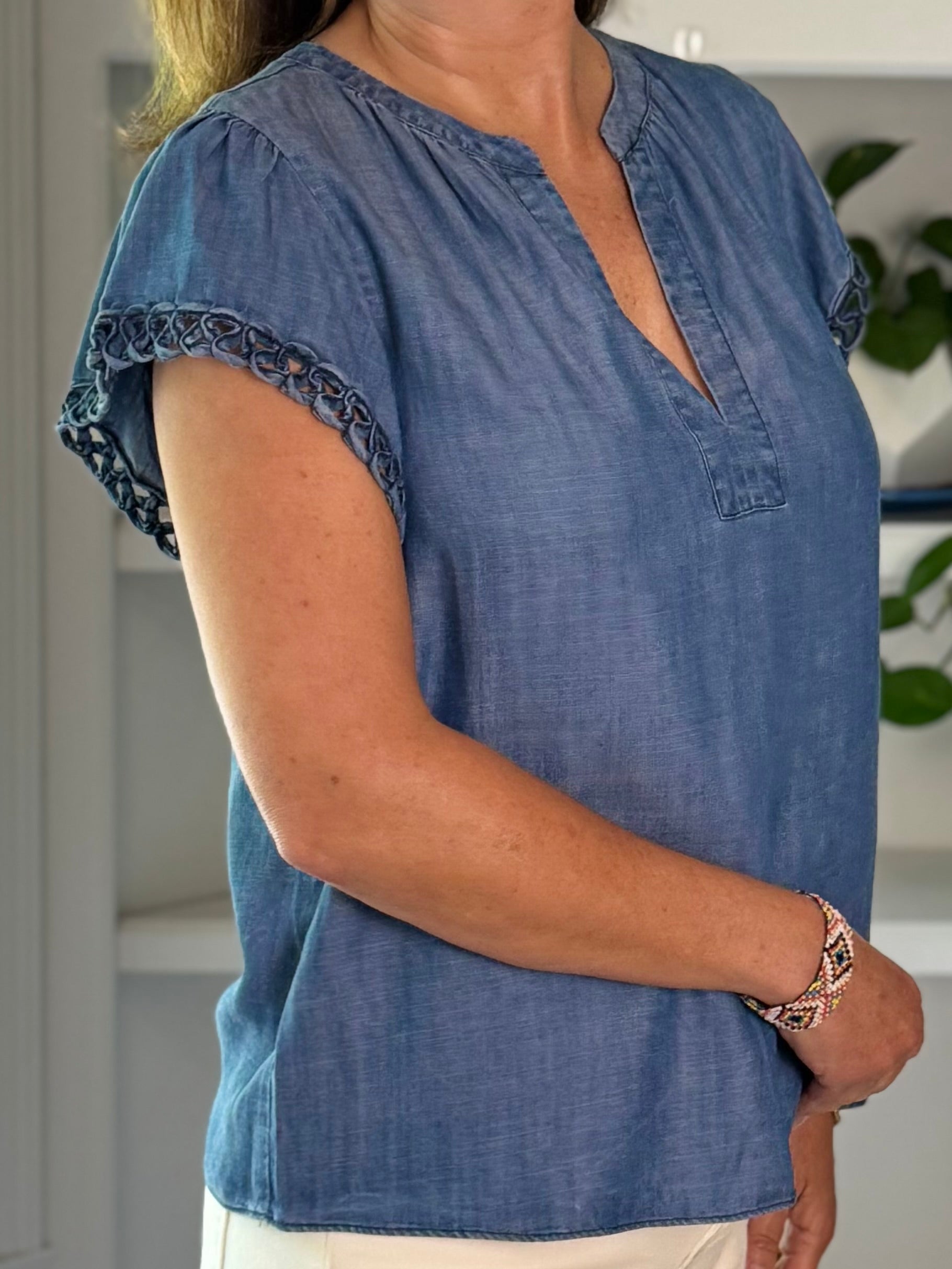 Current Air Chambray Crochet Sleeve Top
