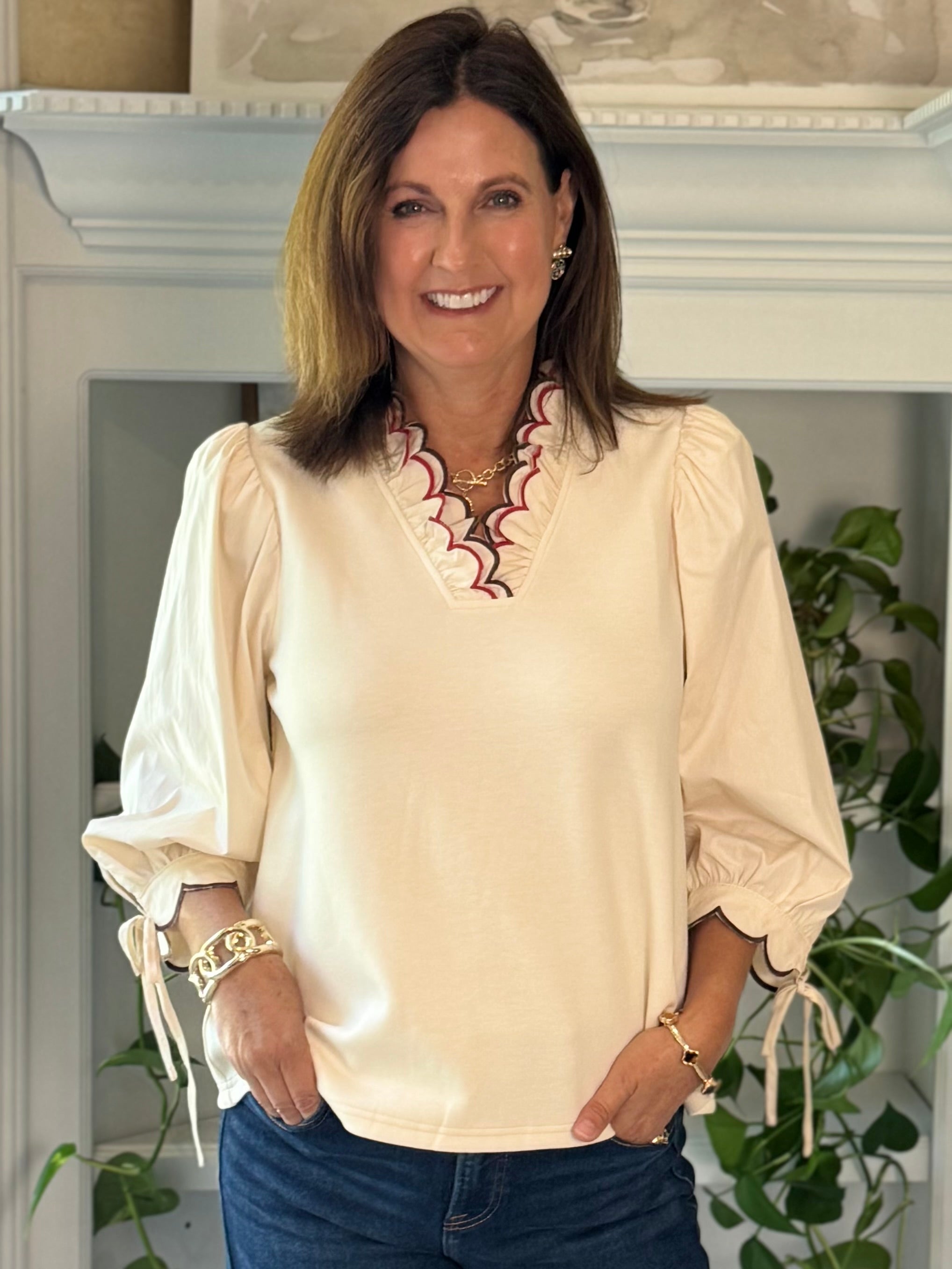 Scalloped Grace Long-Sleeve Top - Ivory