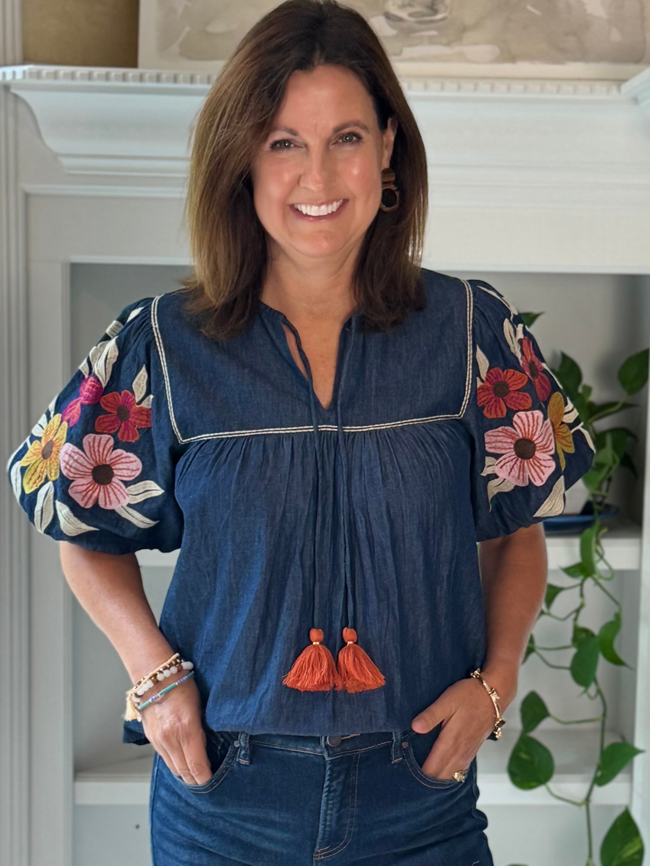 THML Denim in Bloom Embroidered Tassel Top
