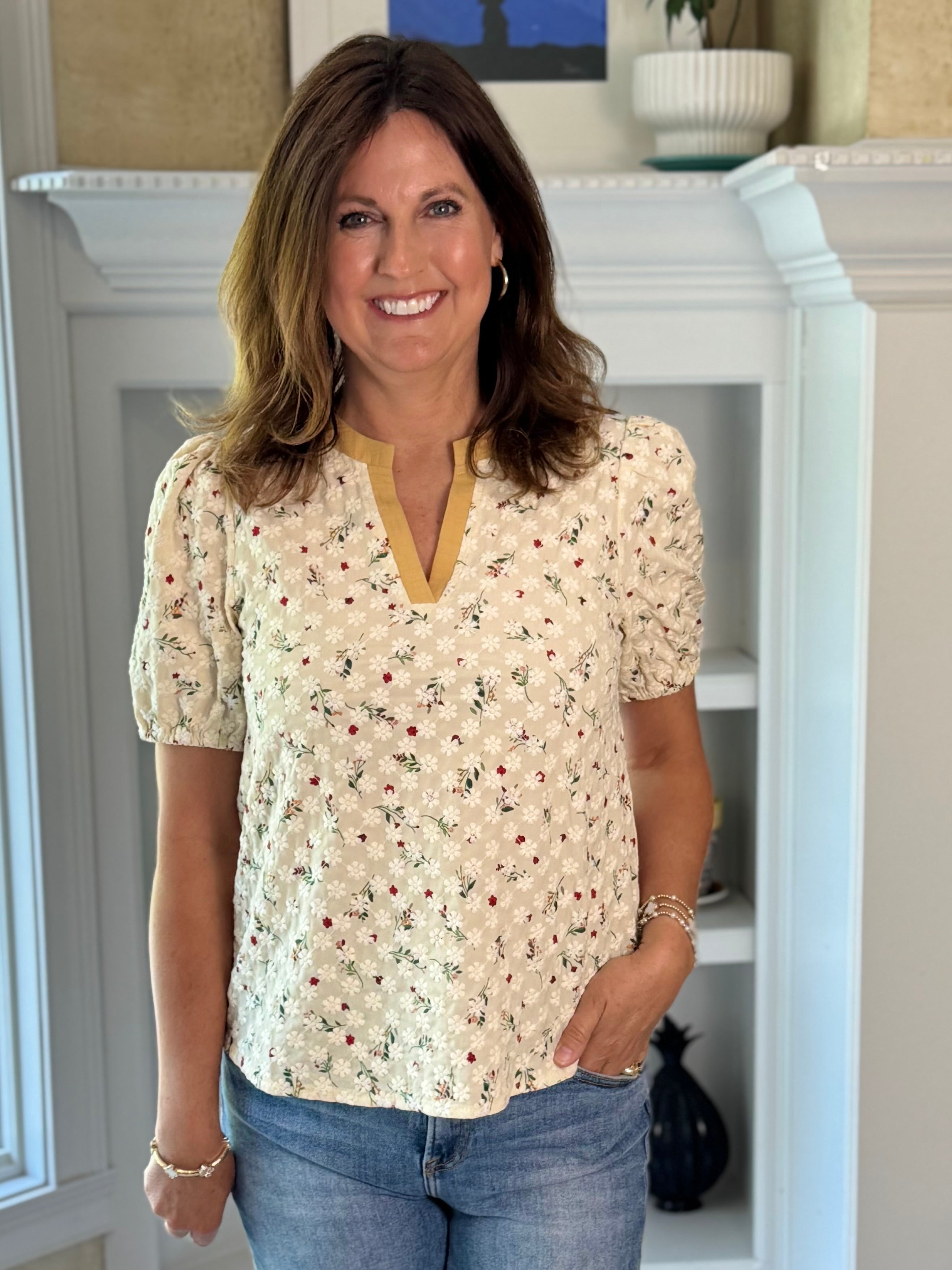 Textured Floral Contrast Top