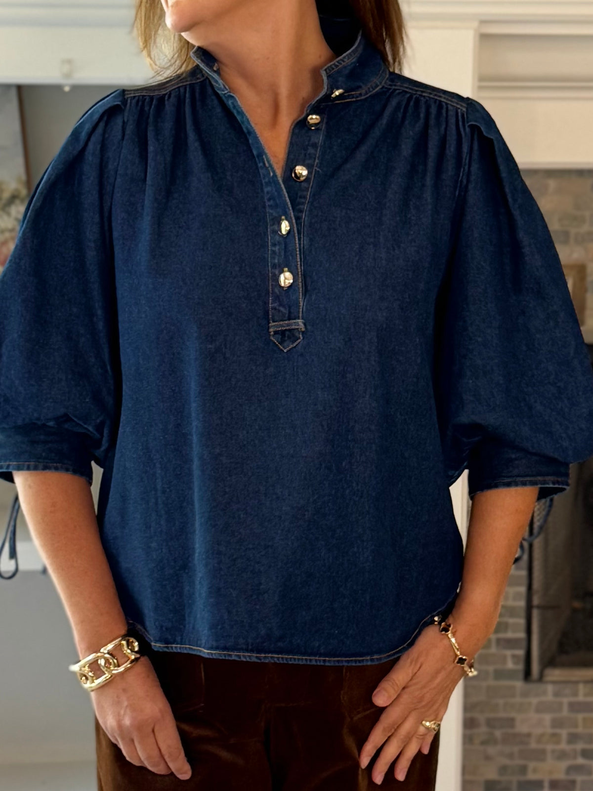 Well Played Denim Tie Sleeve Top