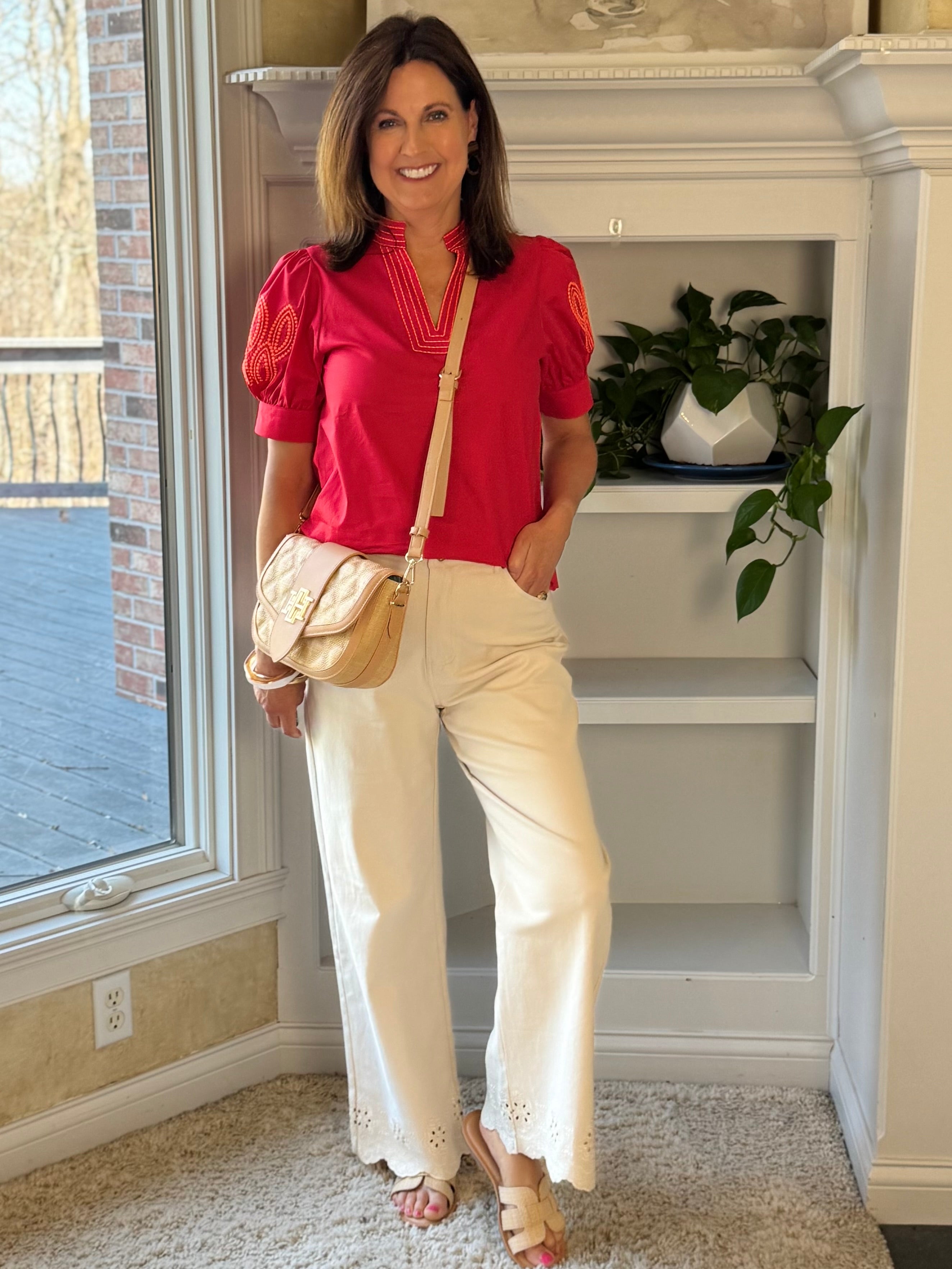 Eyelet Hem High-Rise Wide Leg Ankle Pants