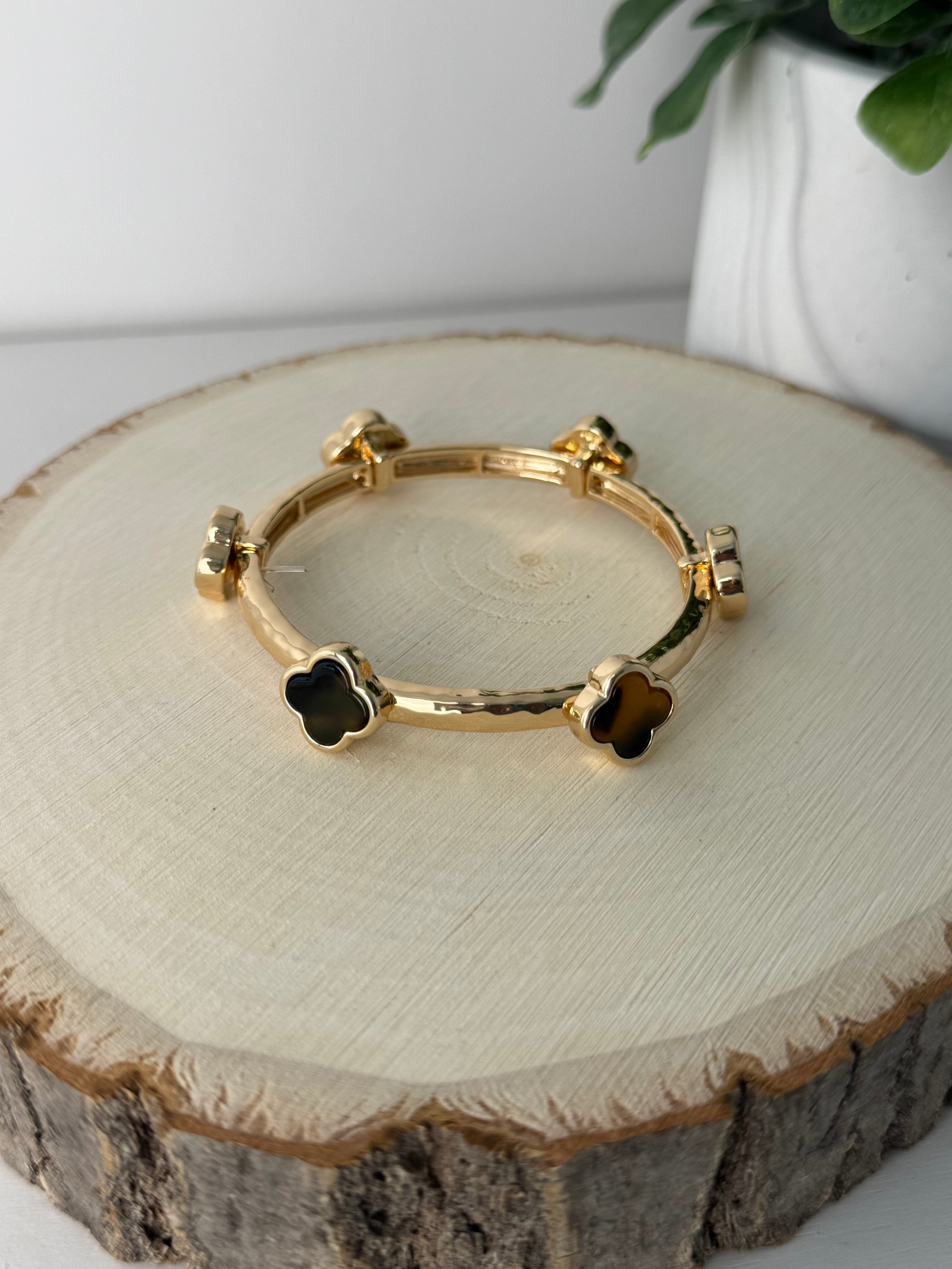 Clover Gold Stretch Bracelet - Brown Tones