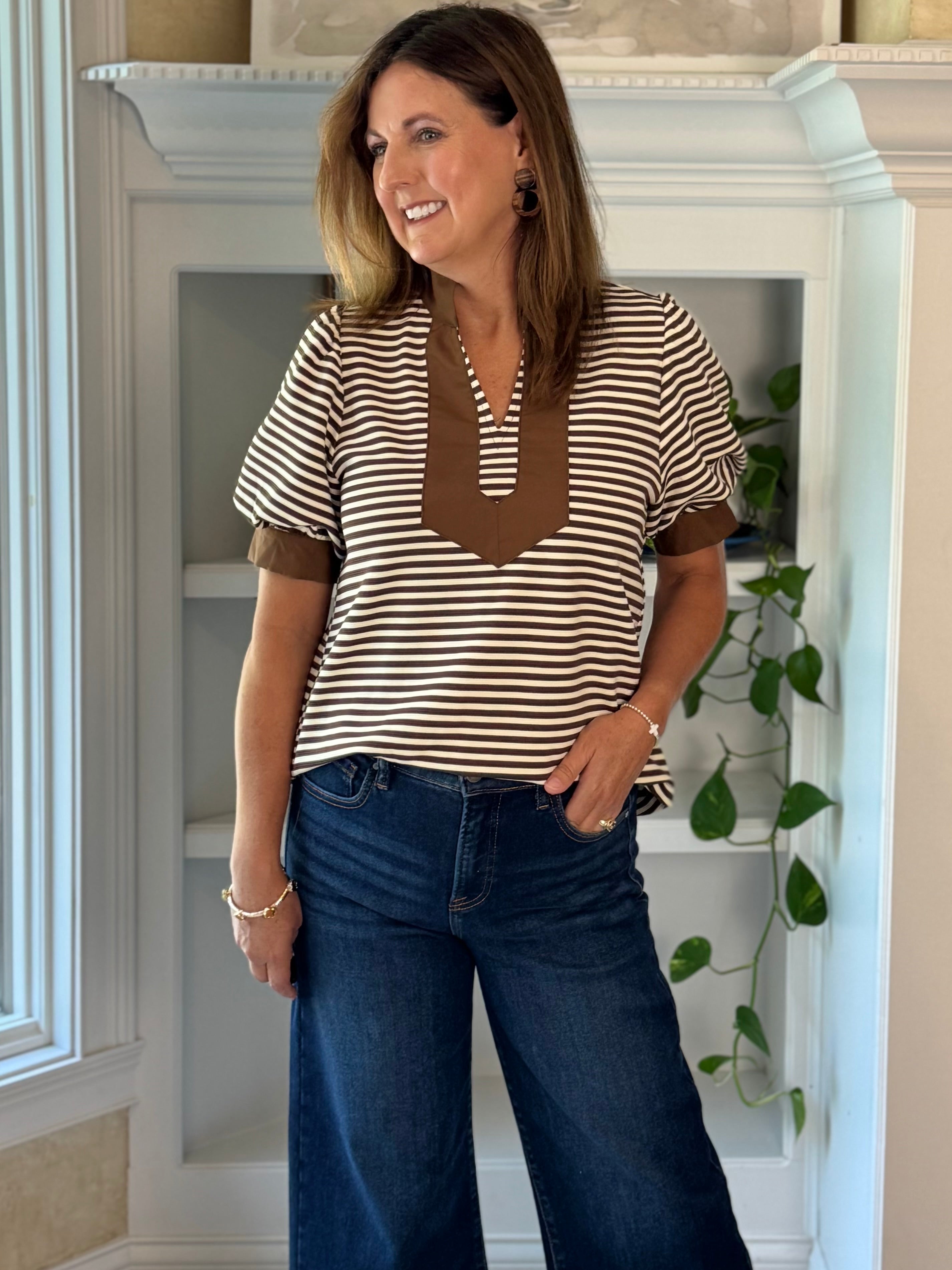 Timeless Contrast Top - Brown Stripes