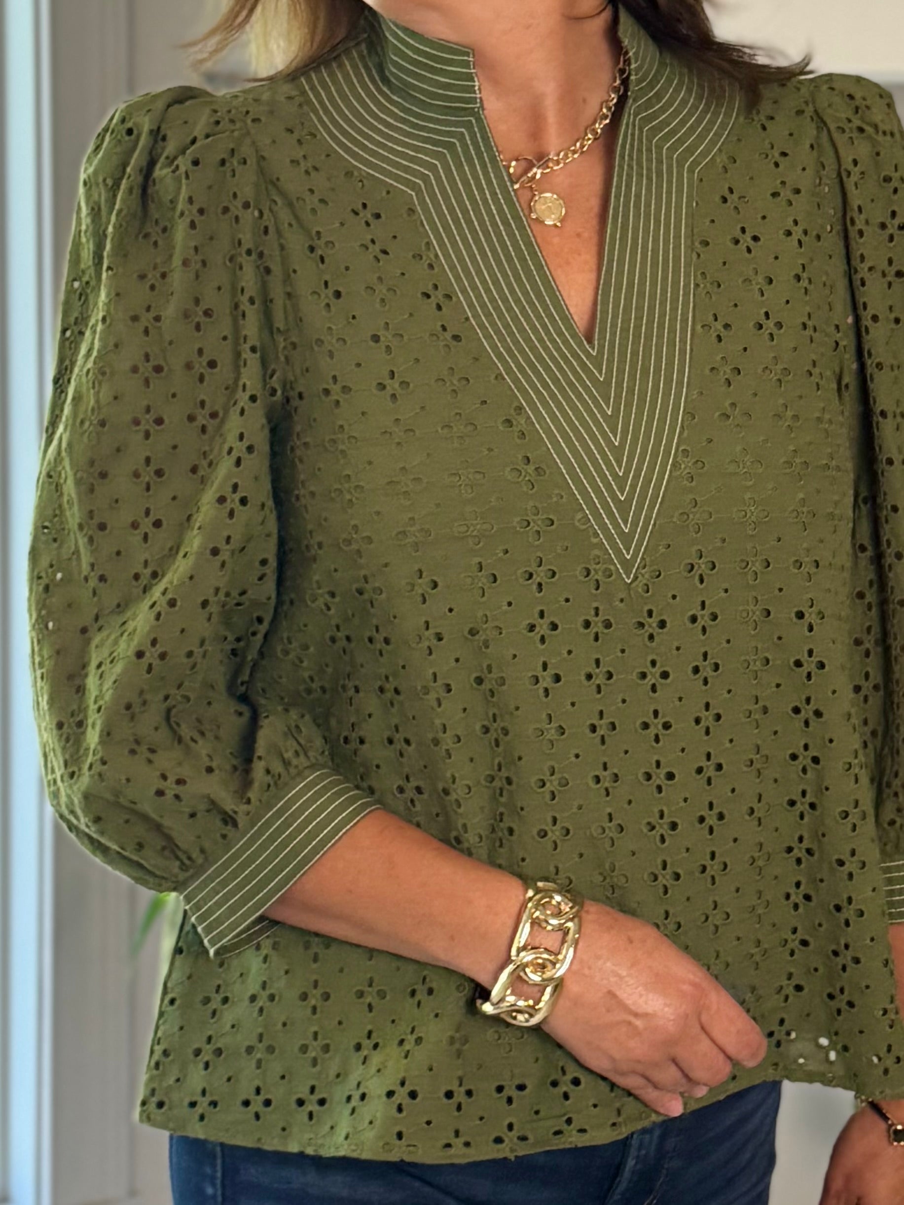 Olive Allure Eyelet Top