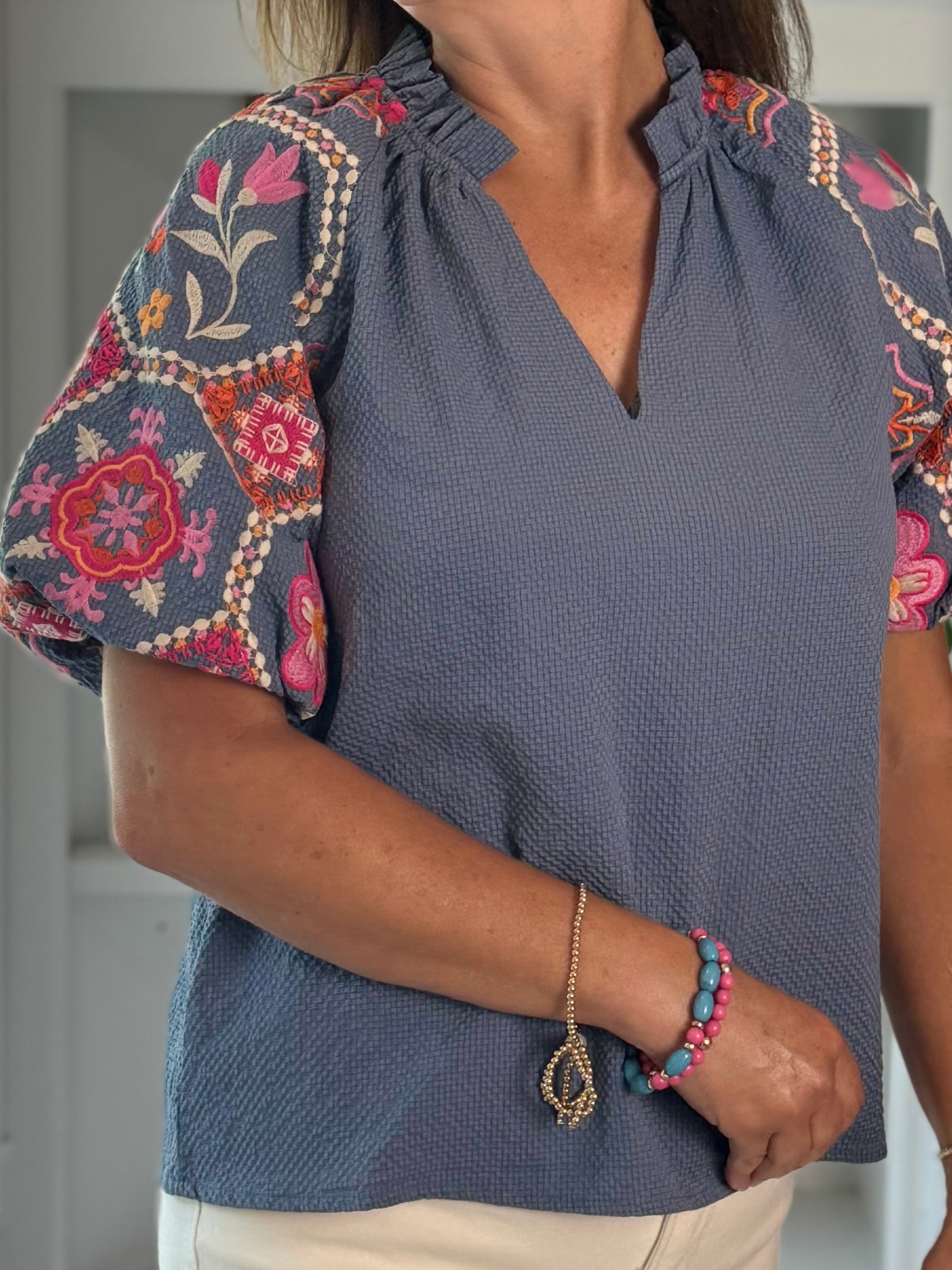THML Floral Mosaic Embroidered Top