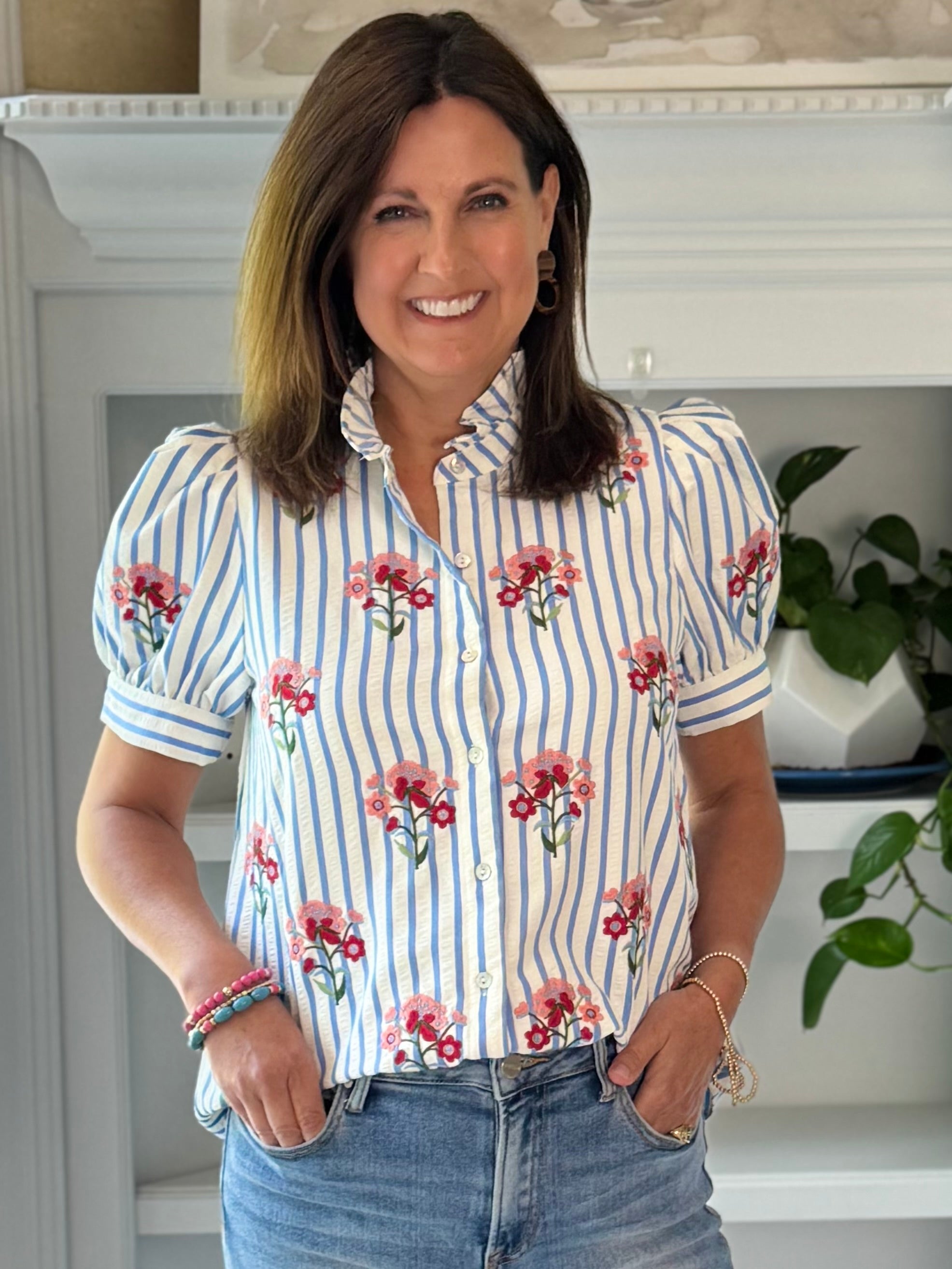 Floral & Stripes Embroidered Top