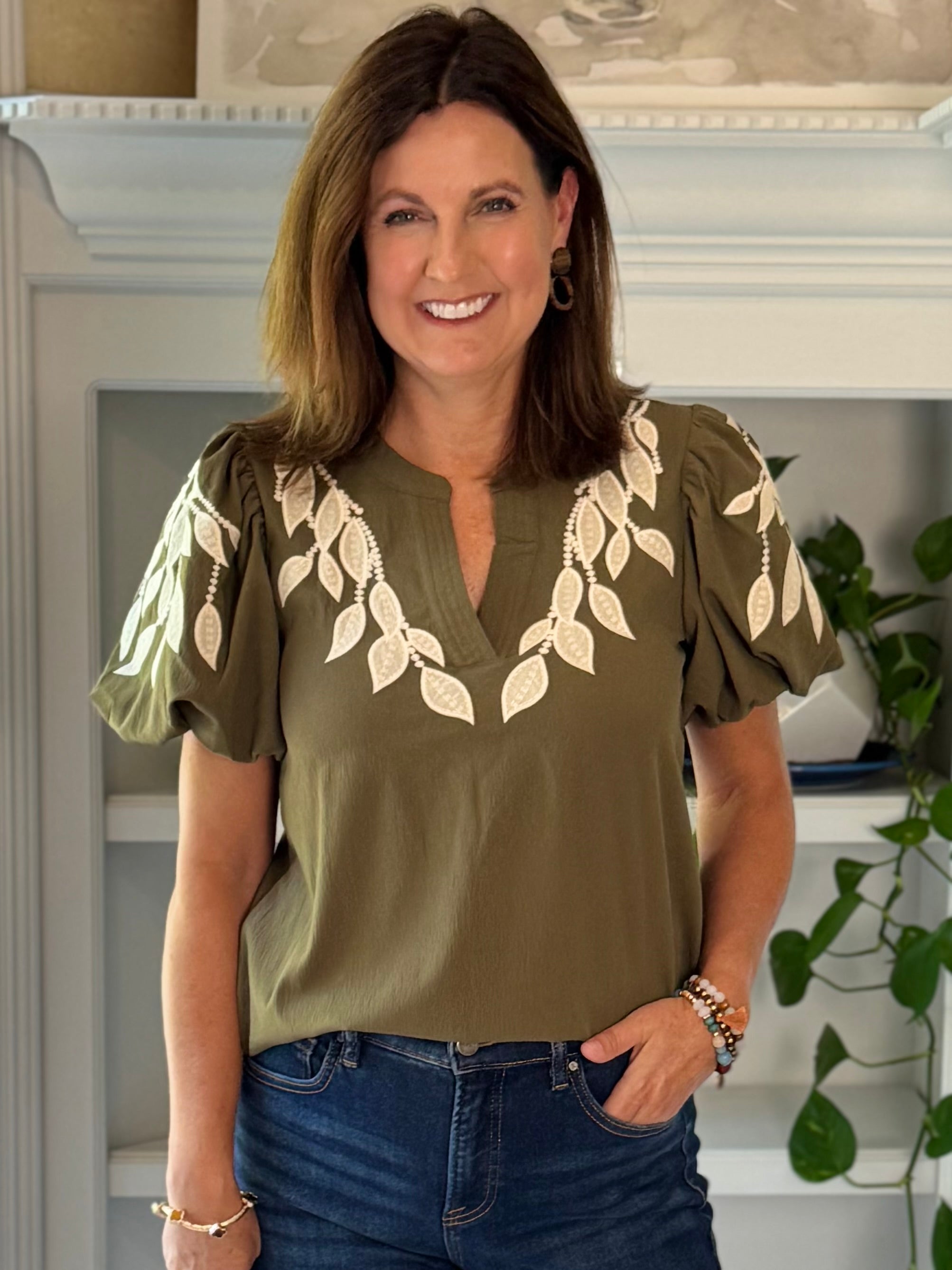 Olive Vine Embroidered Top