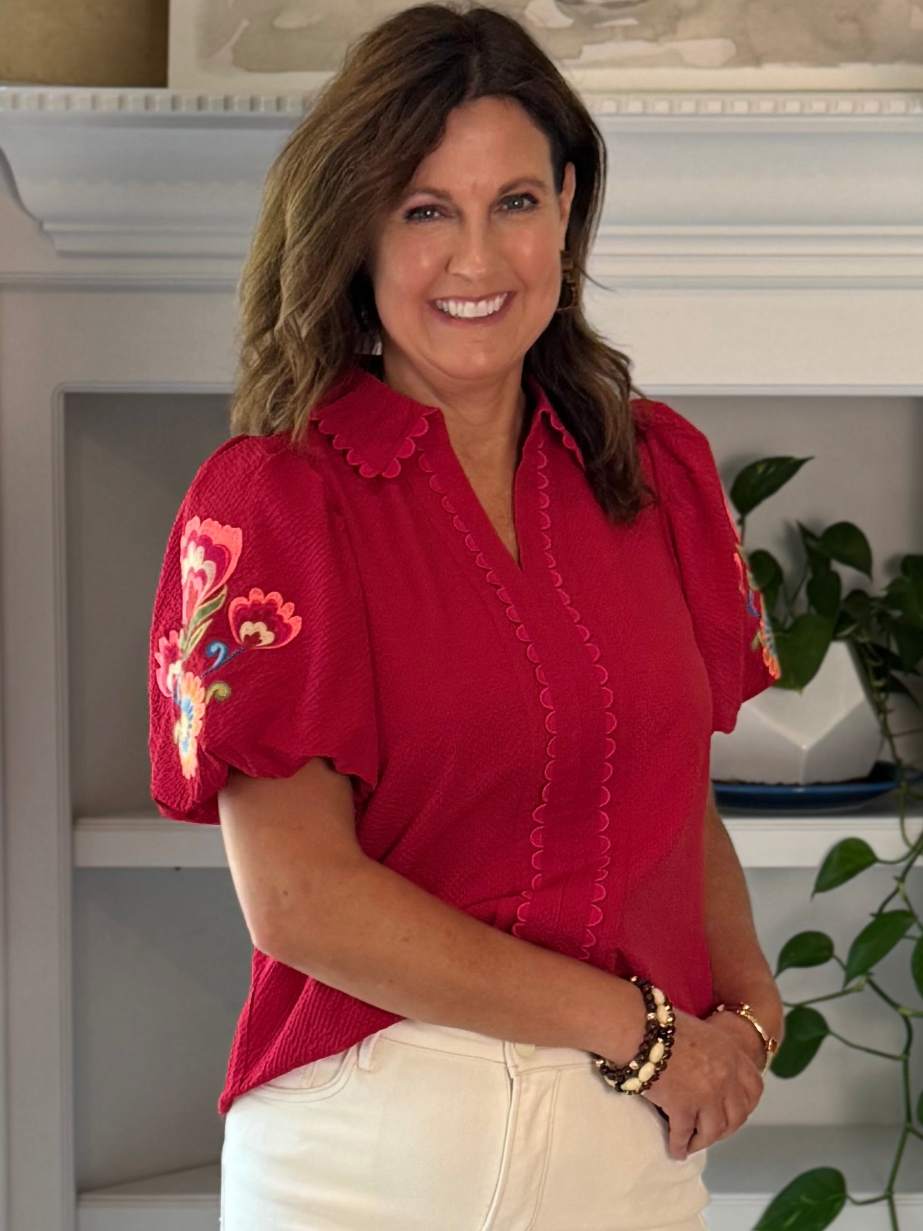 Embroidered Charm Top - Red